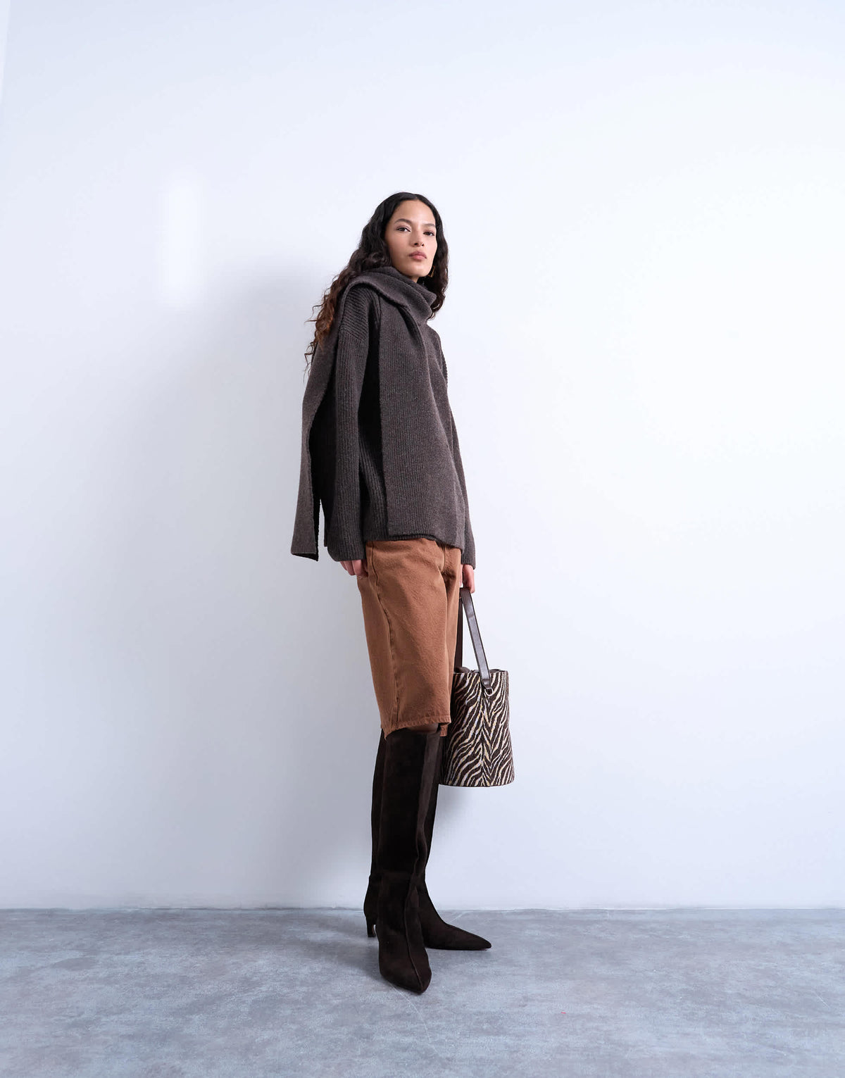 Topshop knitted oversized jumper with scarf in chocolate