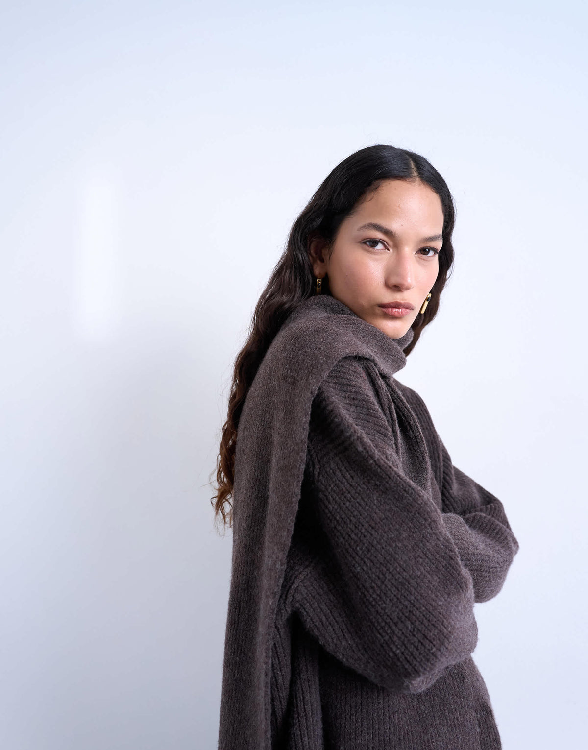 Topshop knitted oversized jumper with scarf in chocolate