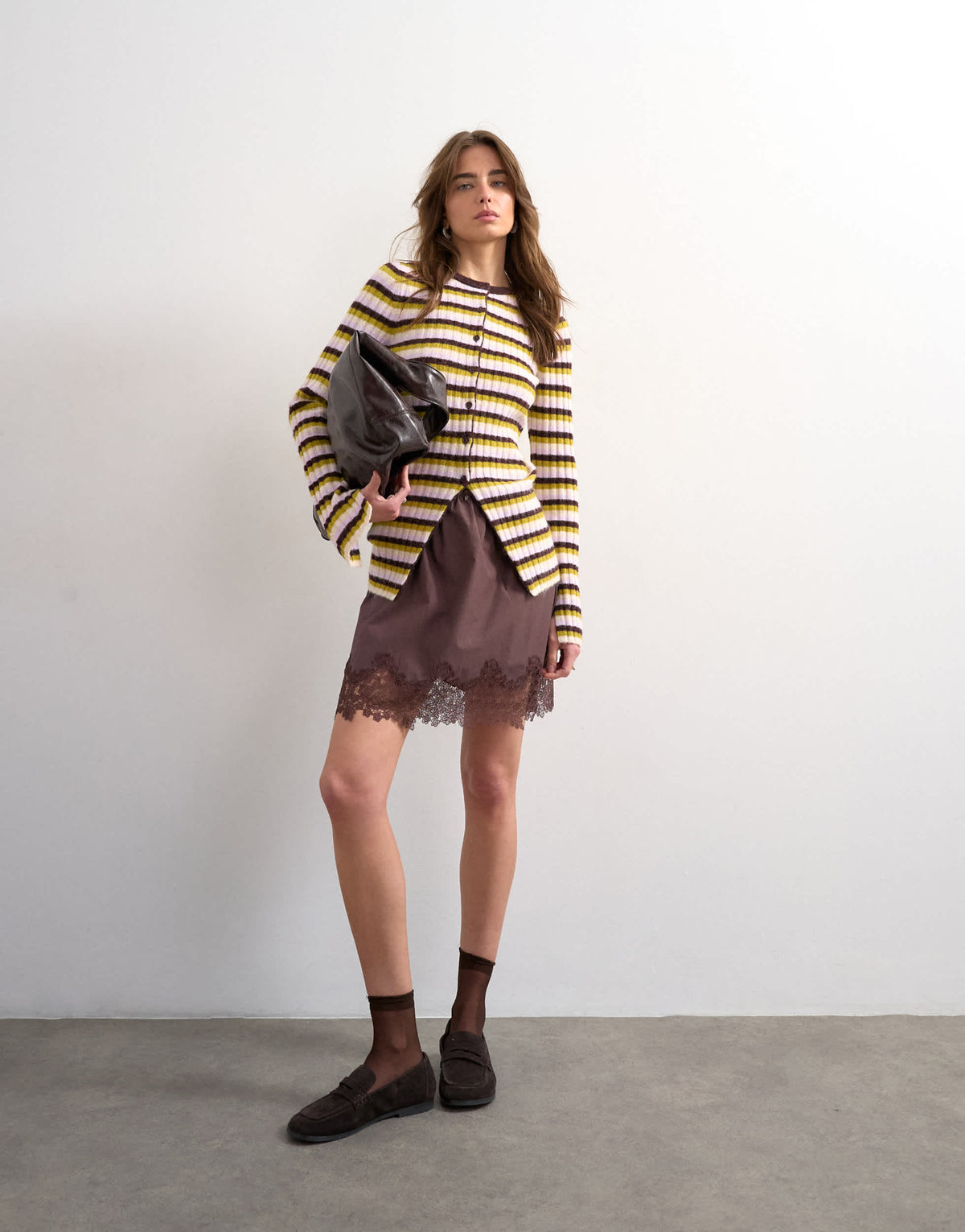 Topshop knitted ribbed stripe button cardigan in multi