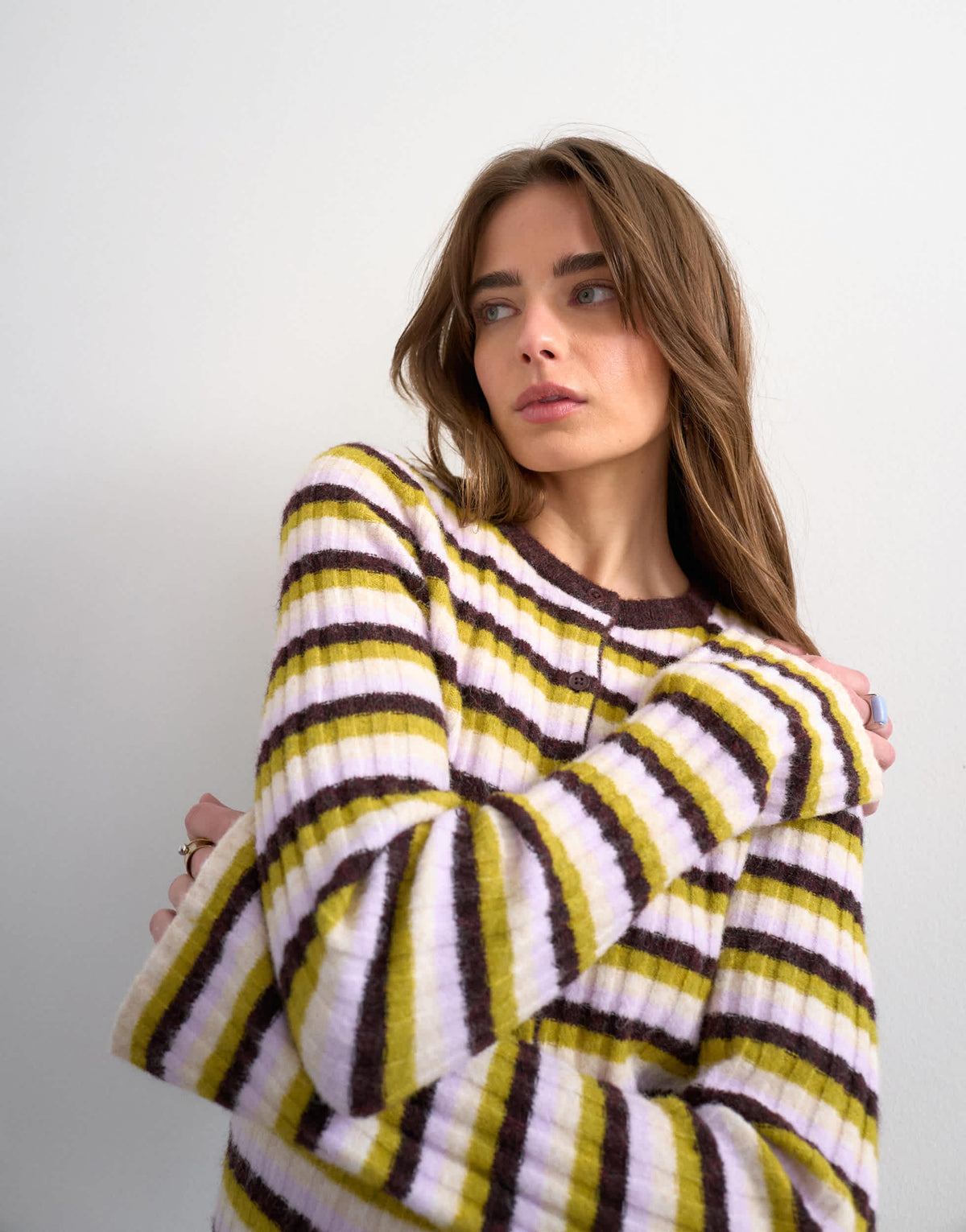 Topshop knitted ribbed stripe button cardigan in multi