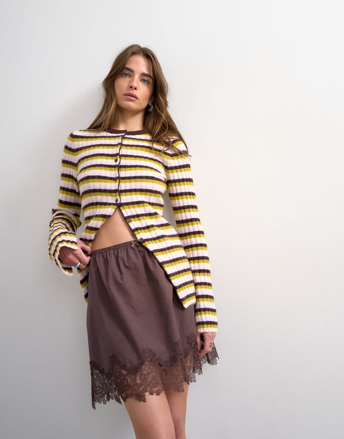 Topshop knitted ribbed stripe button cardigan in multi