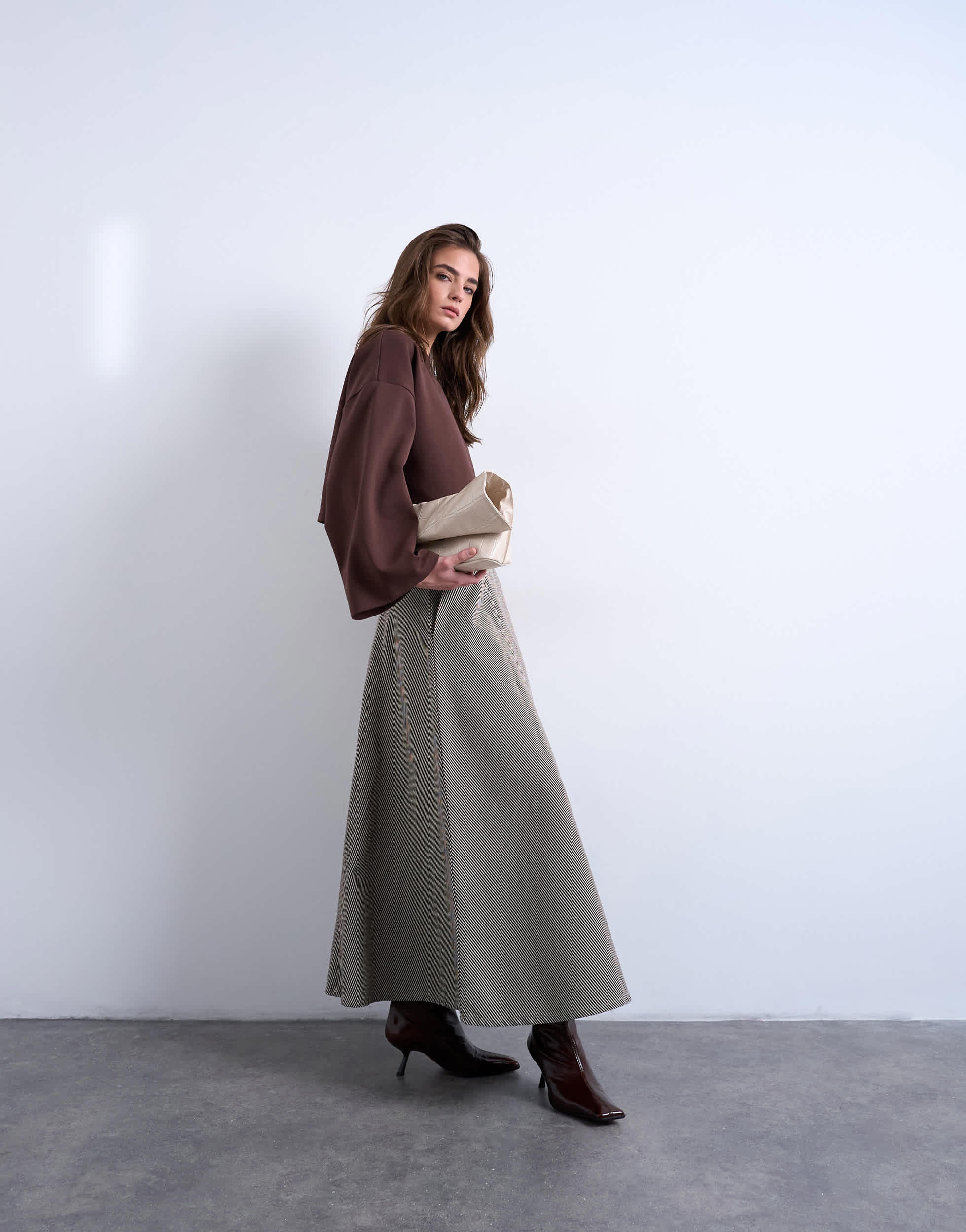 Topshop denim full circle maxi skirt in brown stripe