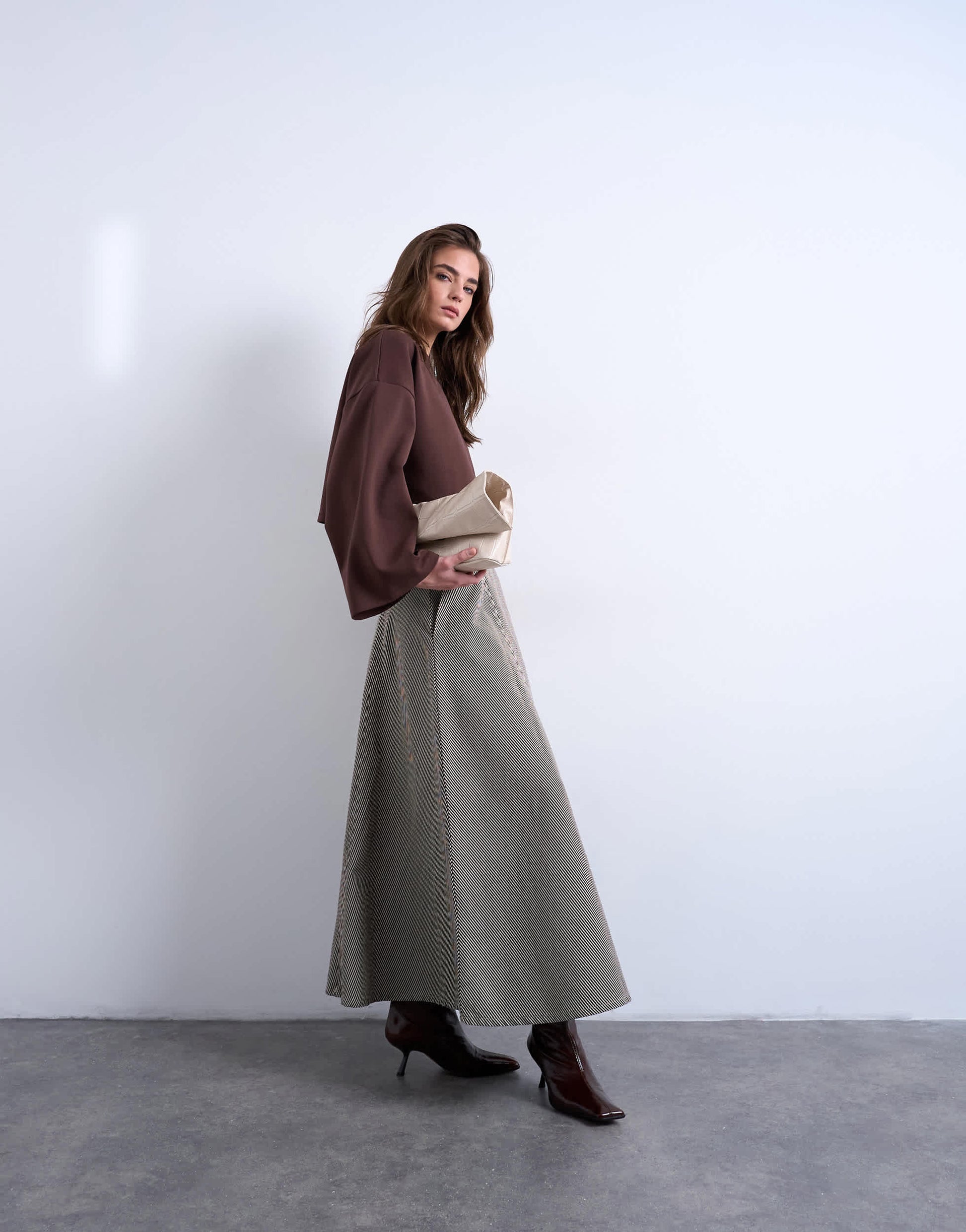 Topshop denim full circle maxi skirt in brown stripe