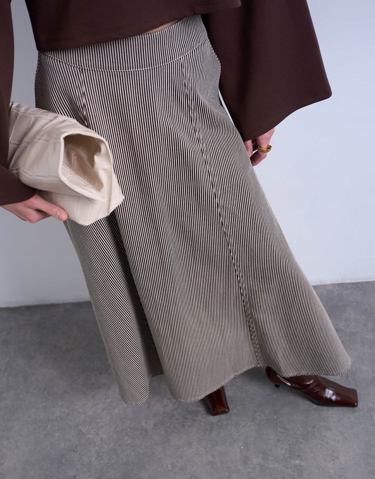 Topshop denim full circle maxi skirt in brown stripe