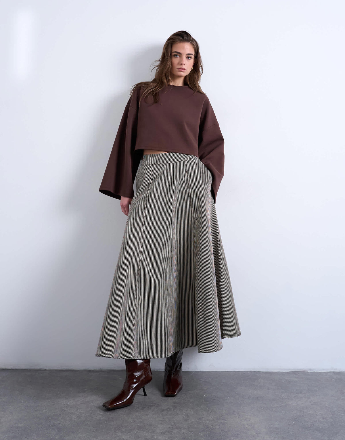 Topshop denim full circle maxi skirt in brown stripe