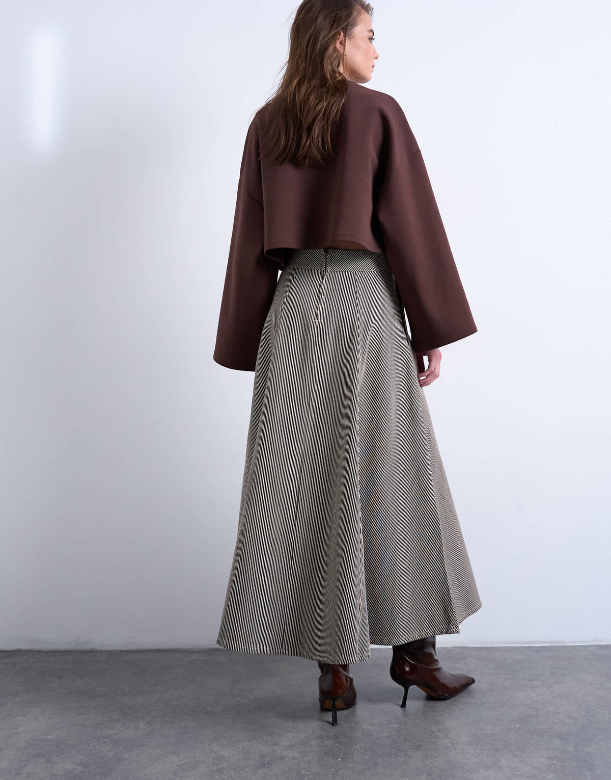 Topshop denim full circle maxi skirt in brown stripe