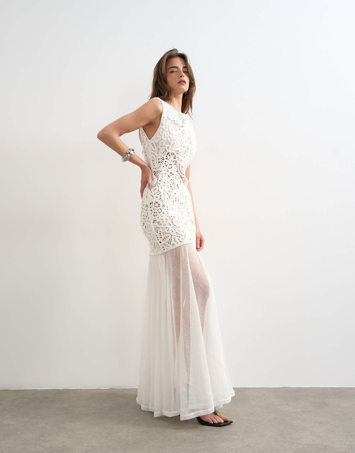 Topshop knitted premium crochet full skirt dress in ecru