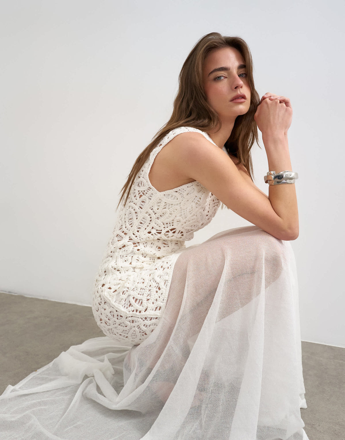Topshop knitted premium crochet full skirt dress in ecru