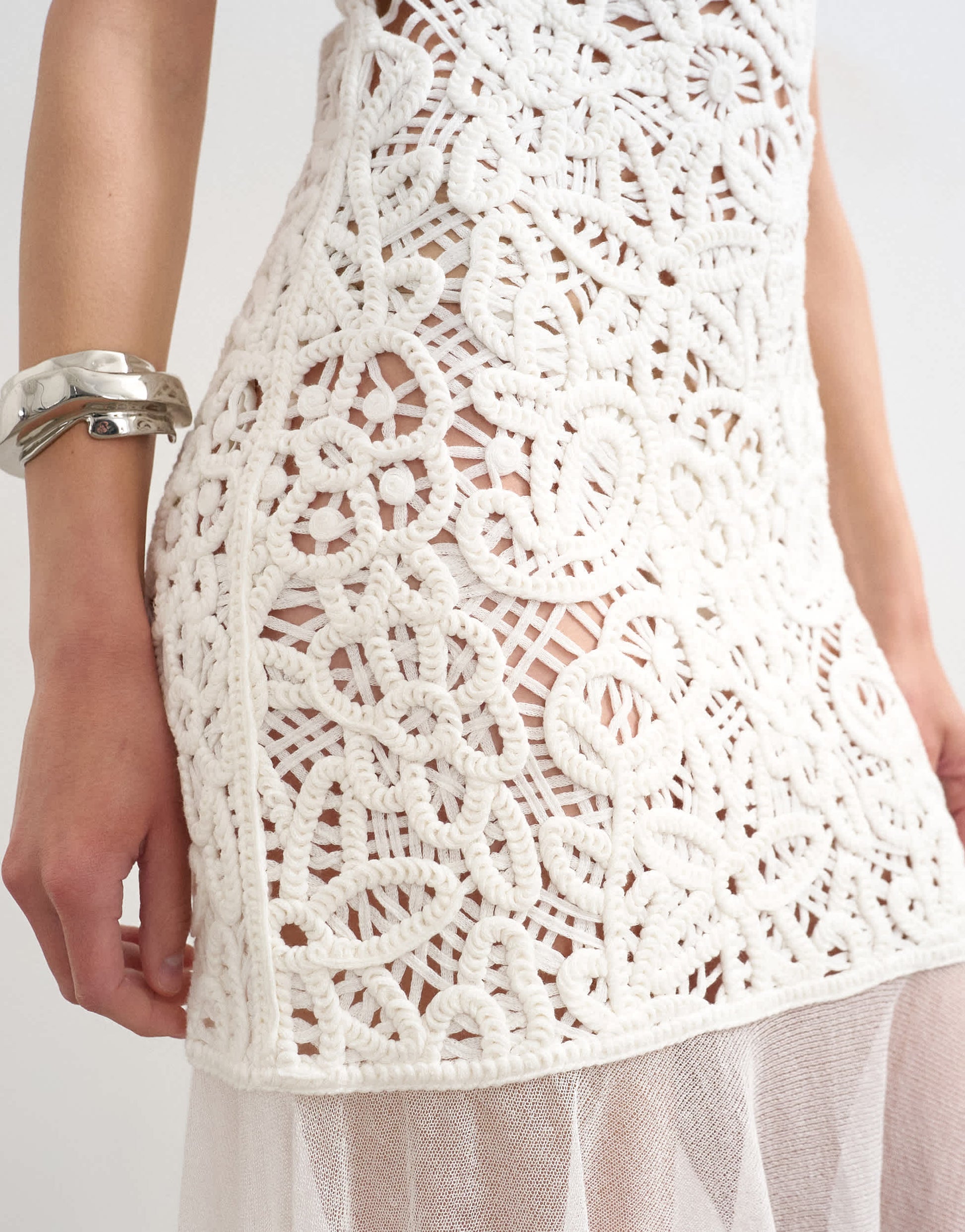 Topshop knitted premium crochet full skirt dress in ecru