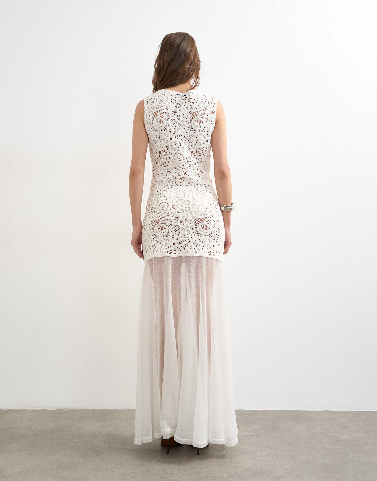 Topshop knitted premium crochet full skirt dress in ecru