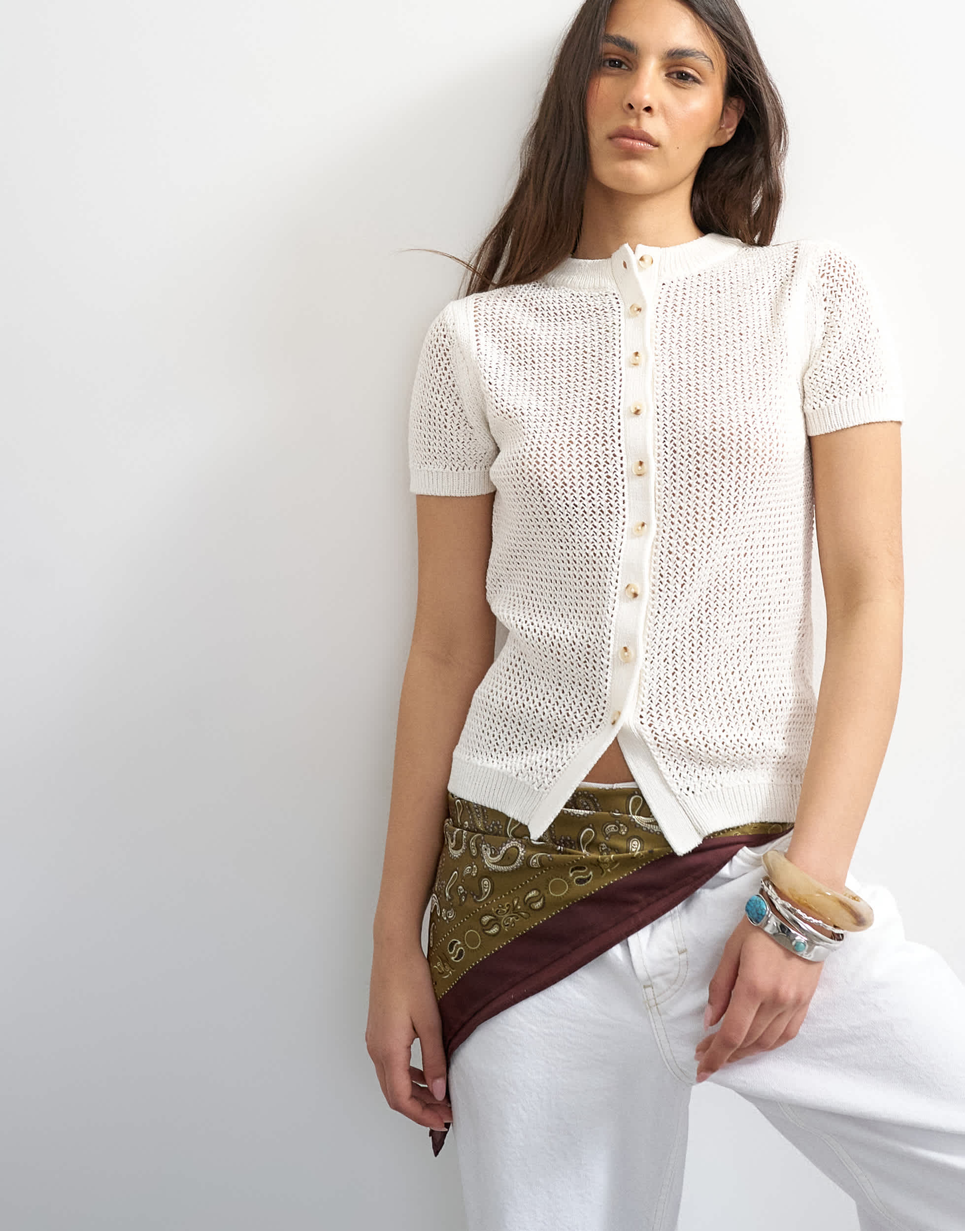 Topshop knitted stitchy cardigan in ecru