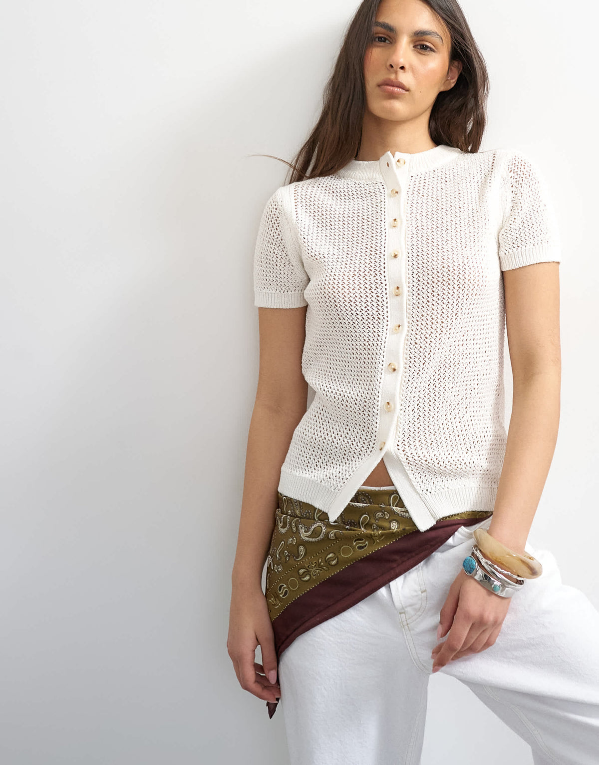 Topshop knitted stitchy cardigan in ecru