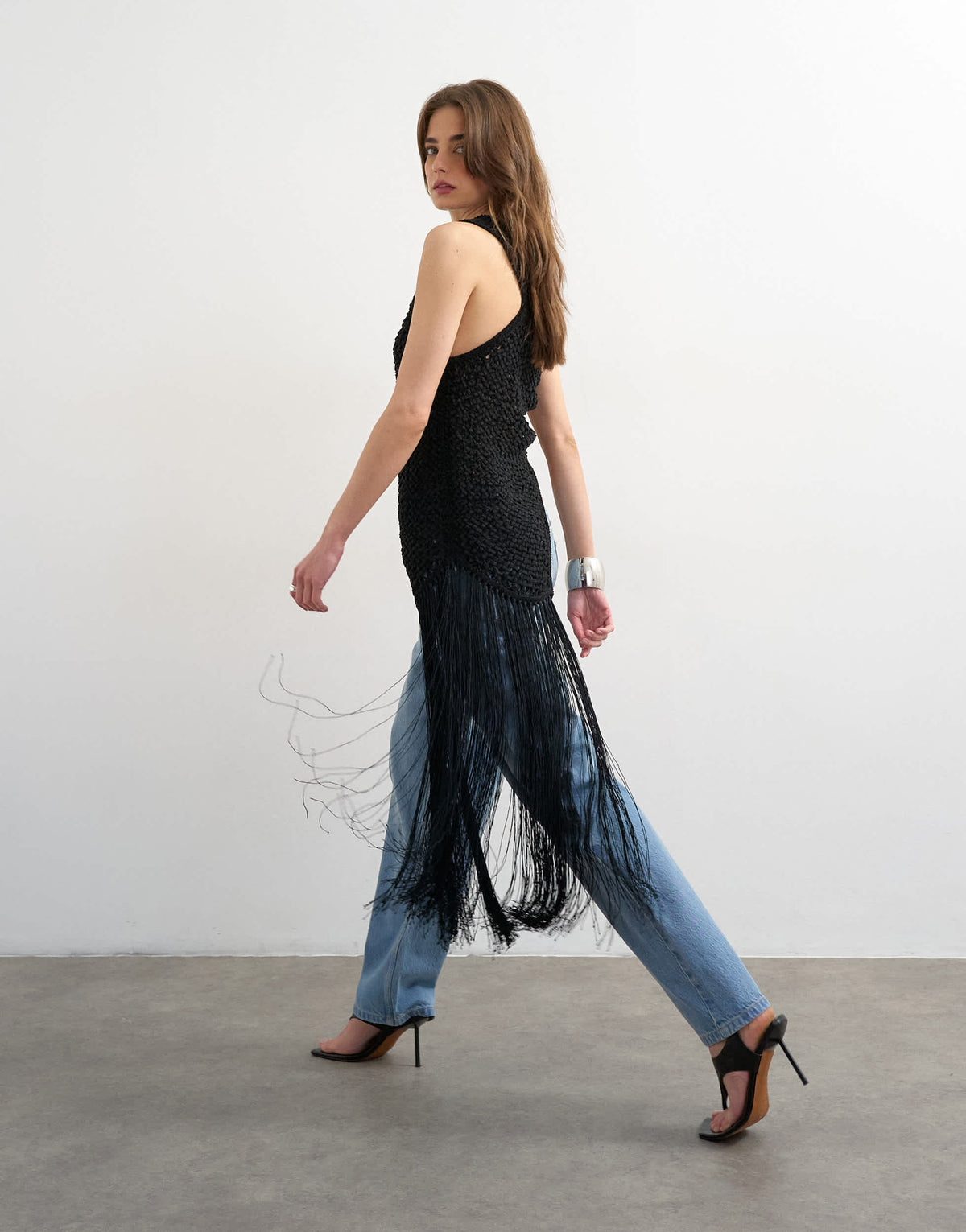 Topshop knitted one shoulder tassel top in black