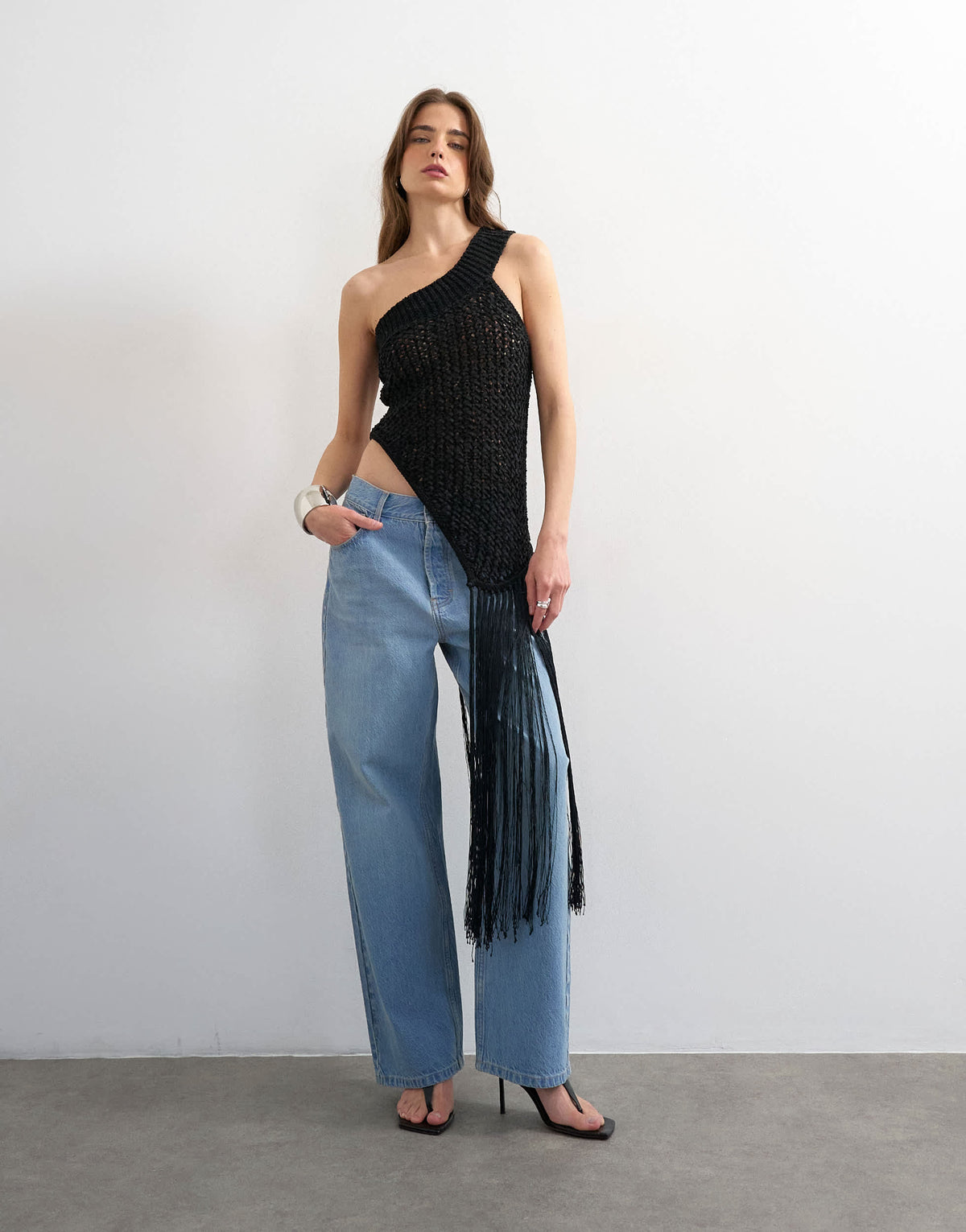 Topshop knitted one shoulder tassel top in black