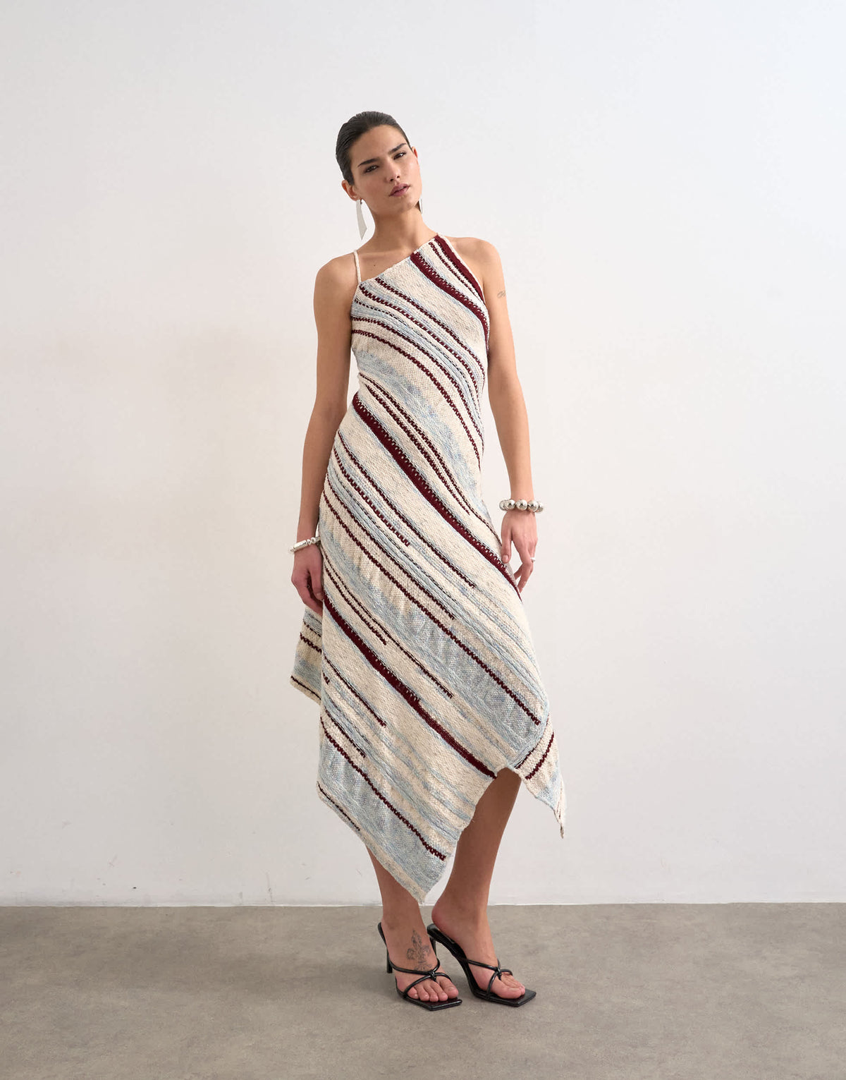 Topshop knitted asymmetric stripe full skirt dress in ecru