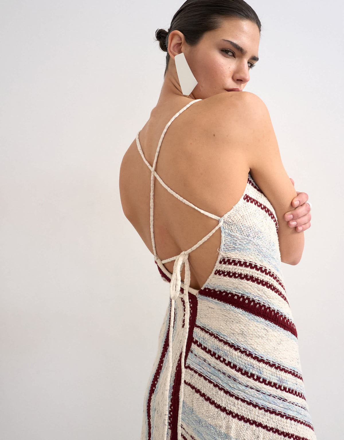 Topshop knitted asymmetric stripe full skirt dress in ecru