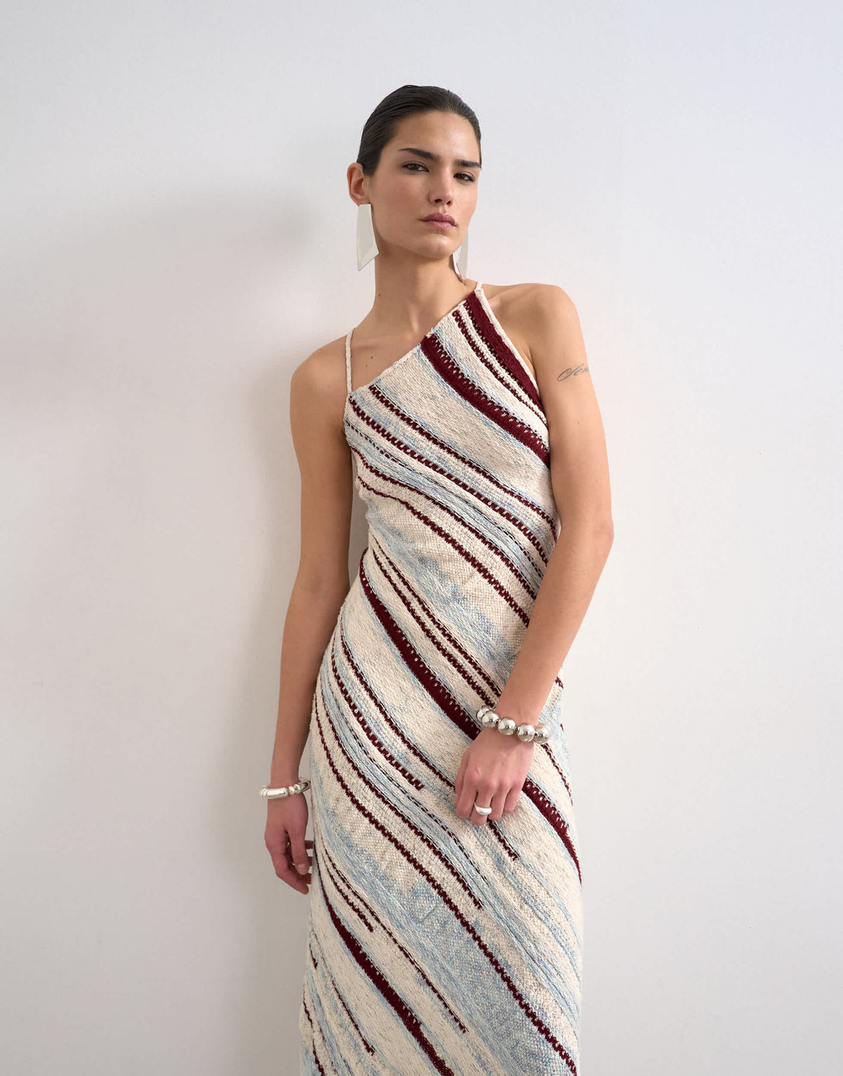 Topshop knitted asymmetric stripe full skirt dress in ecru