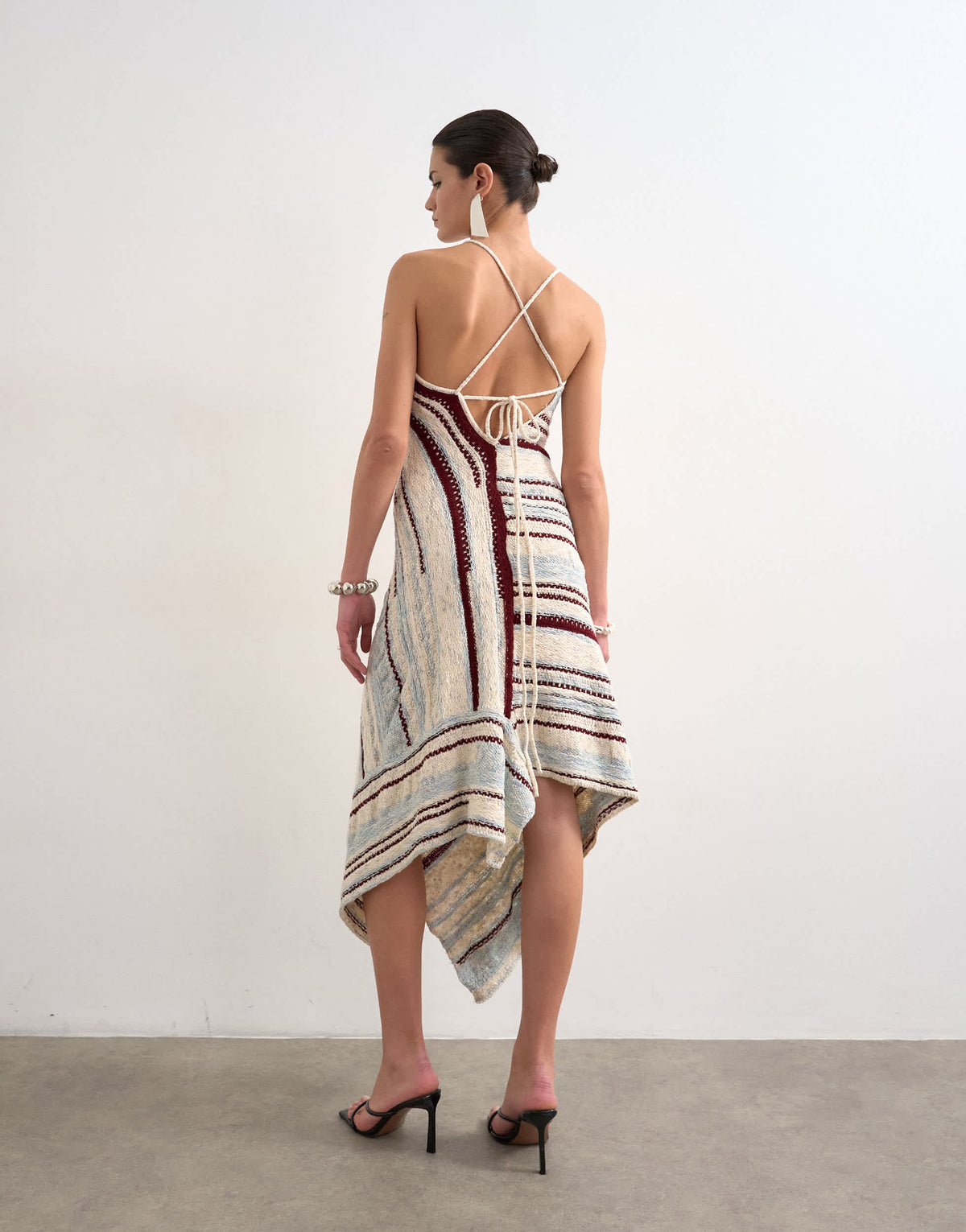 Topshop knitted asymmetric stripe full skirt dress in ecru