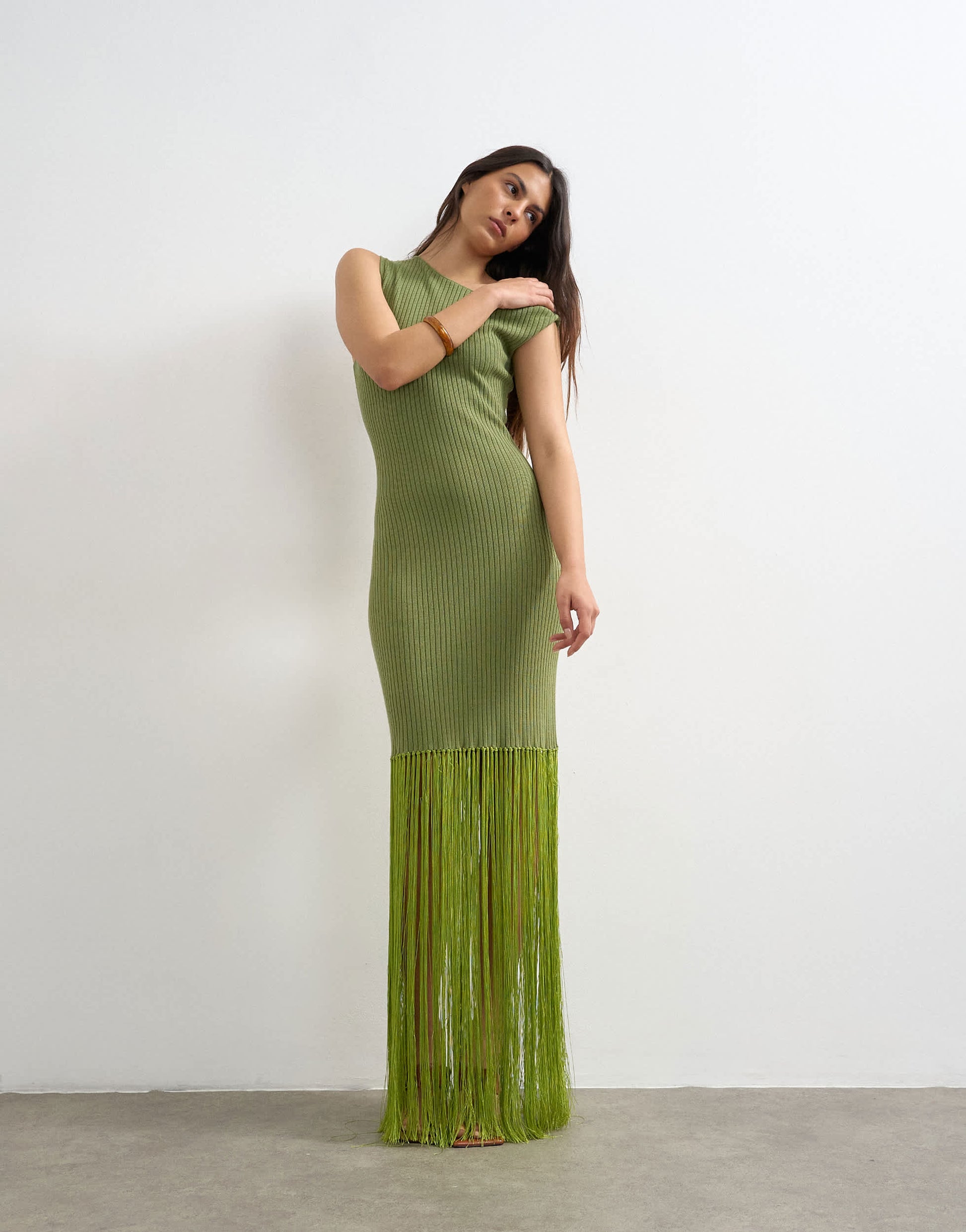 Topshop knitted ribbed tassel maxi dress in green