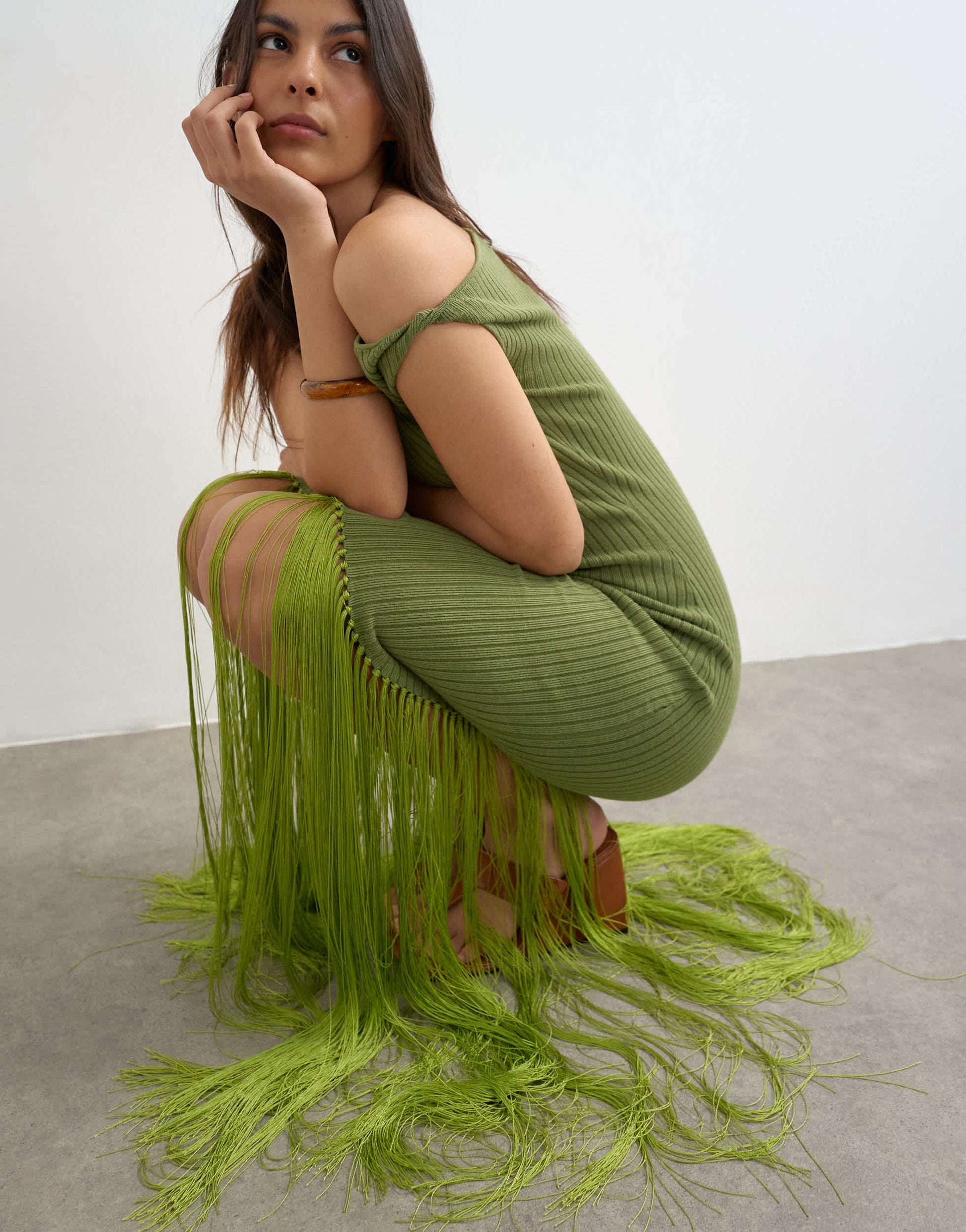 Topshop knitted ribbed tassel maxi dress in green