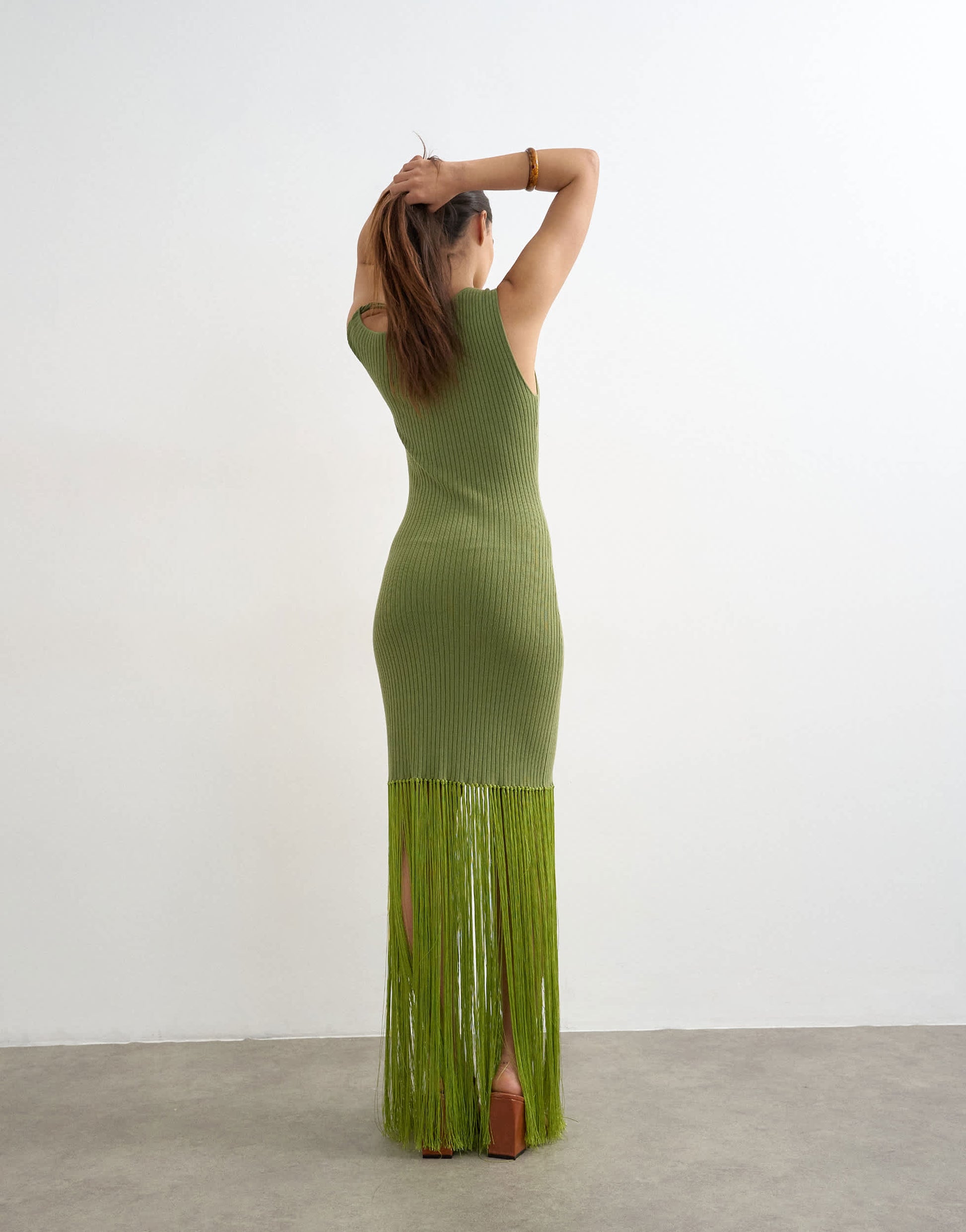 Topshop knitted ribbed tassel maxi dress in green