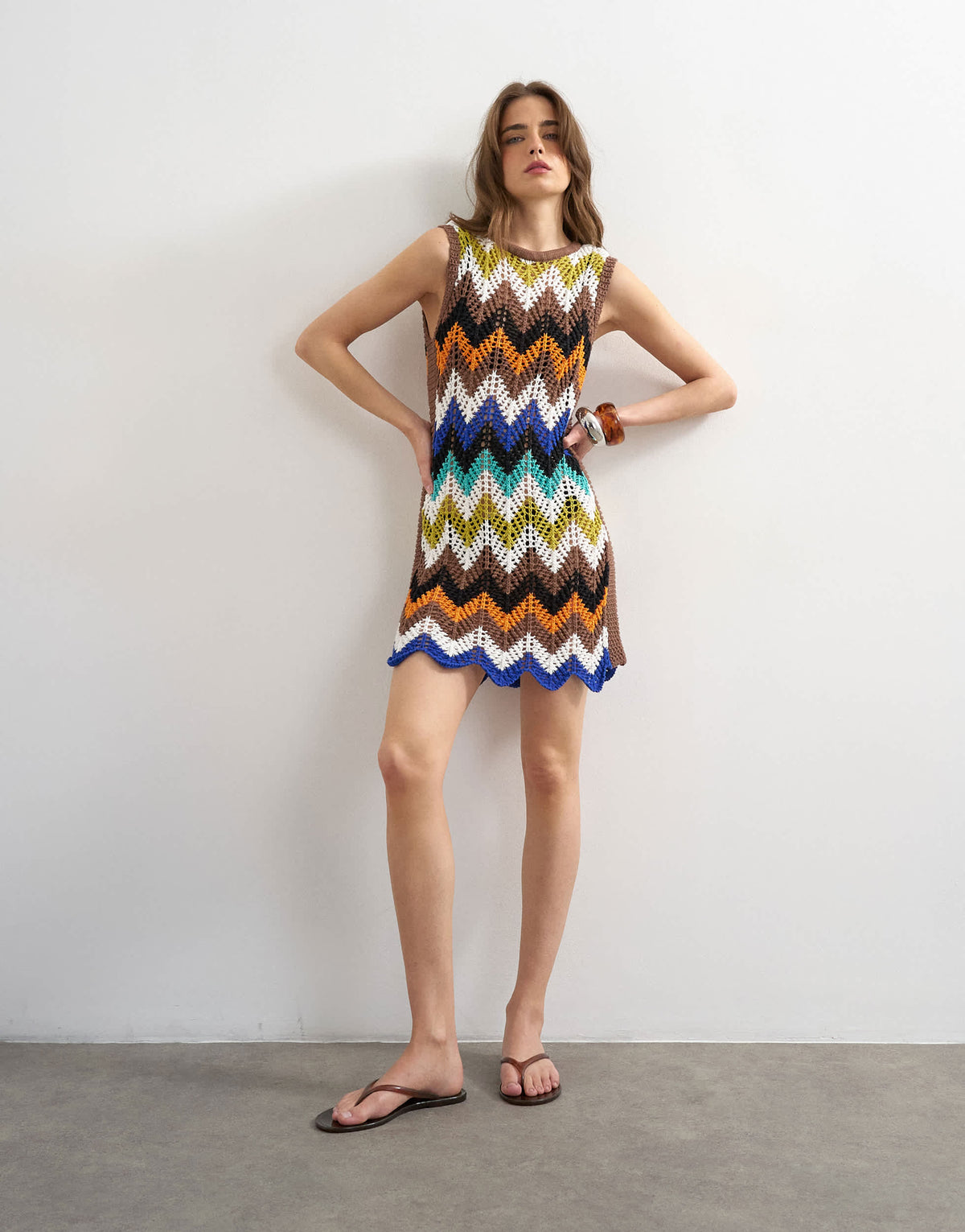 Topshop knitted crochet chevron mini dress in multi