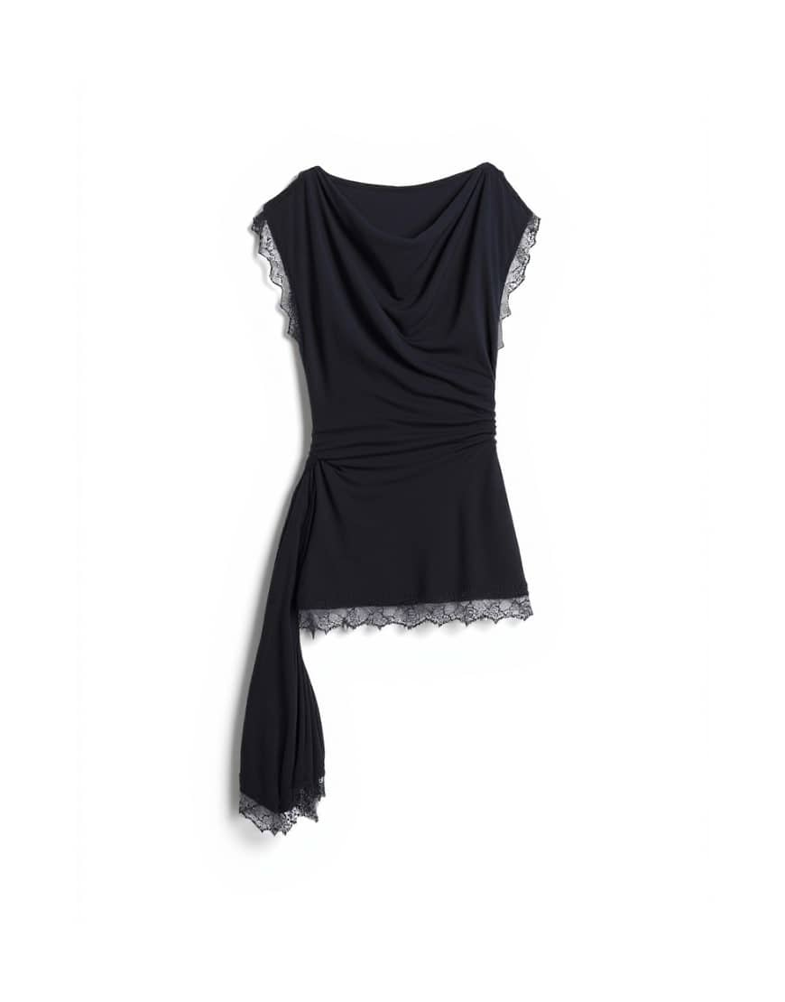 Topshop cowl neck lace trim top in black