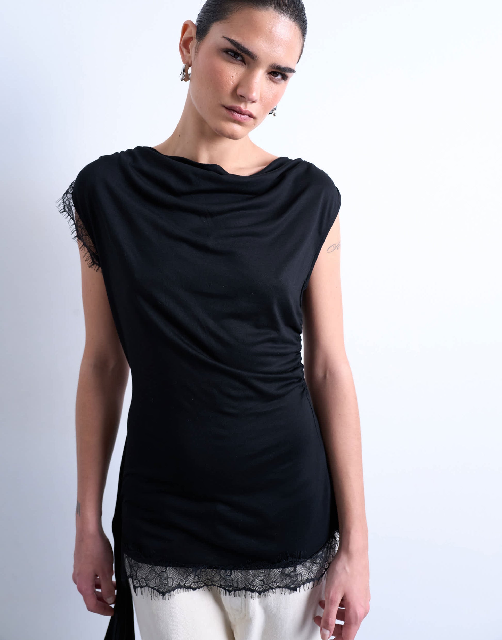 Topshop cowl neck lace trim top in black