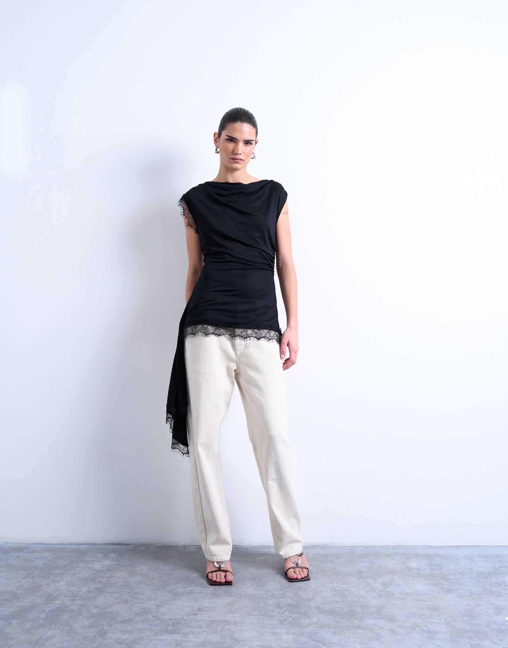 Topshop cowl neck lace trim top in black