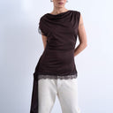 Topshop cowl neck lace trim top in chocolate