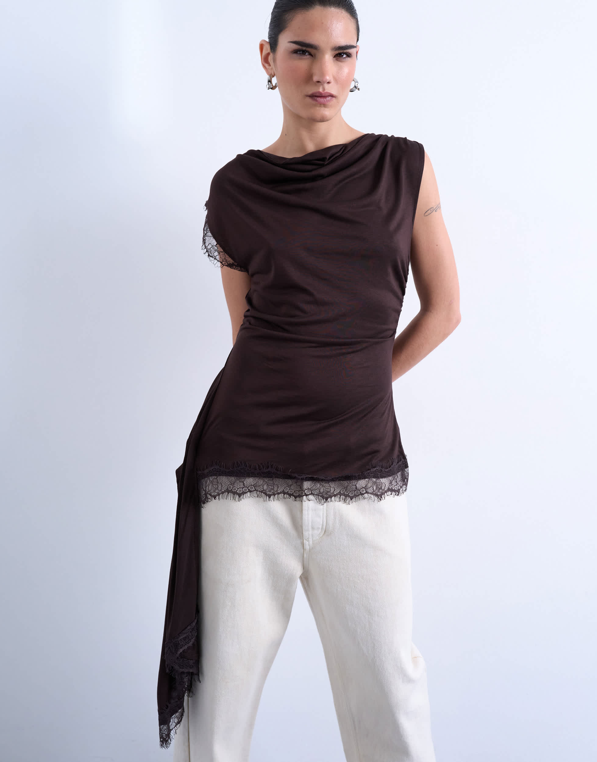 Topshop cowl neck lace trim top in chocolate