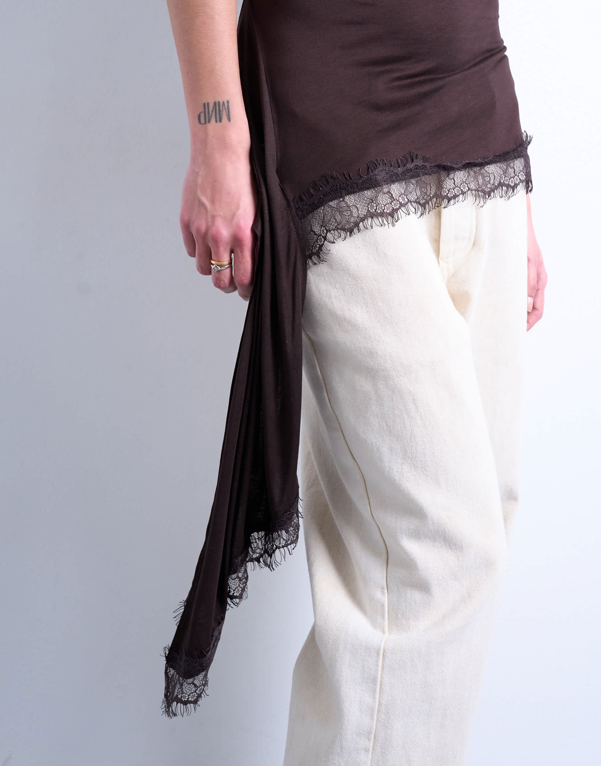 Topshop cowl neck lace trim top in chocolate