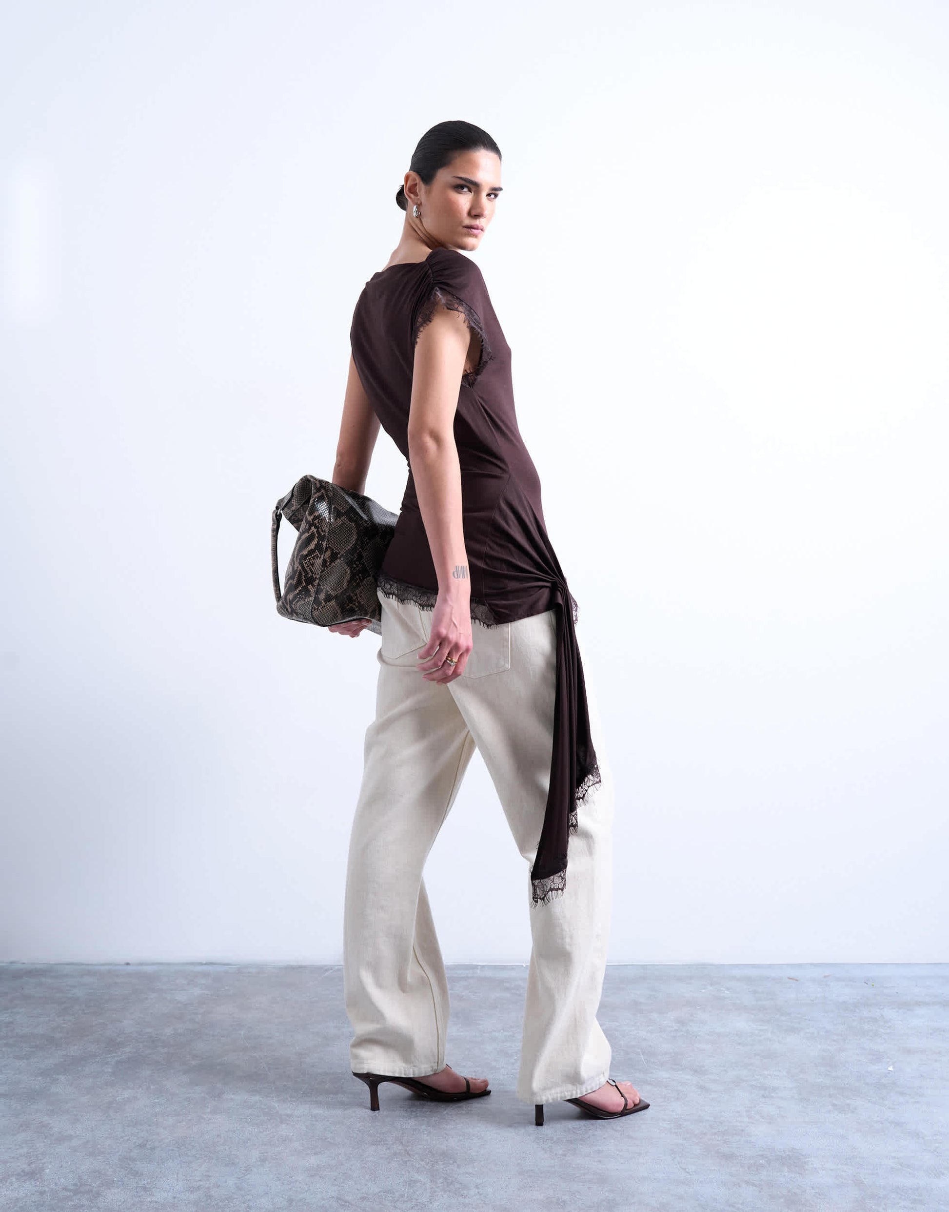 Topshop cowl neck lace trim top in chocolate