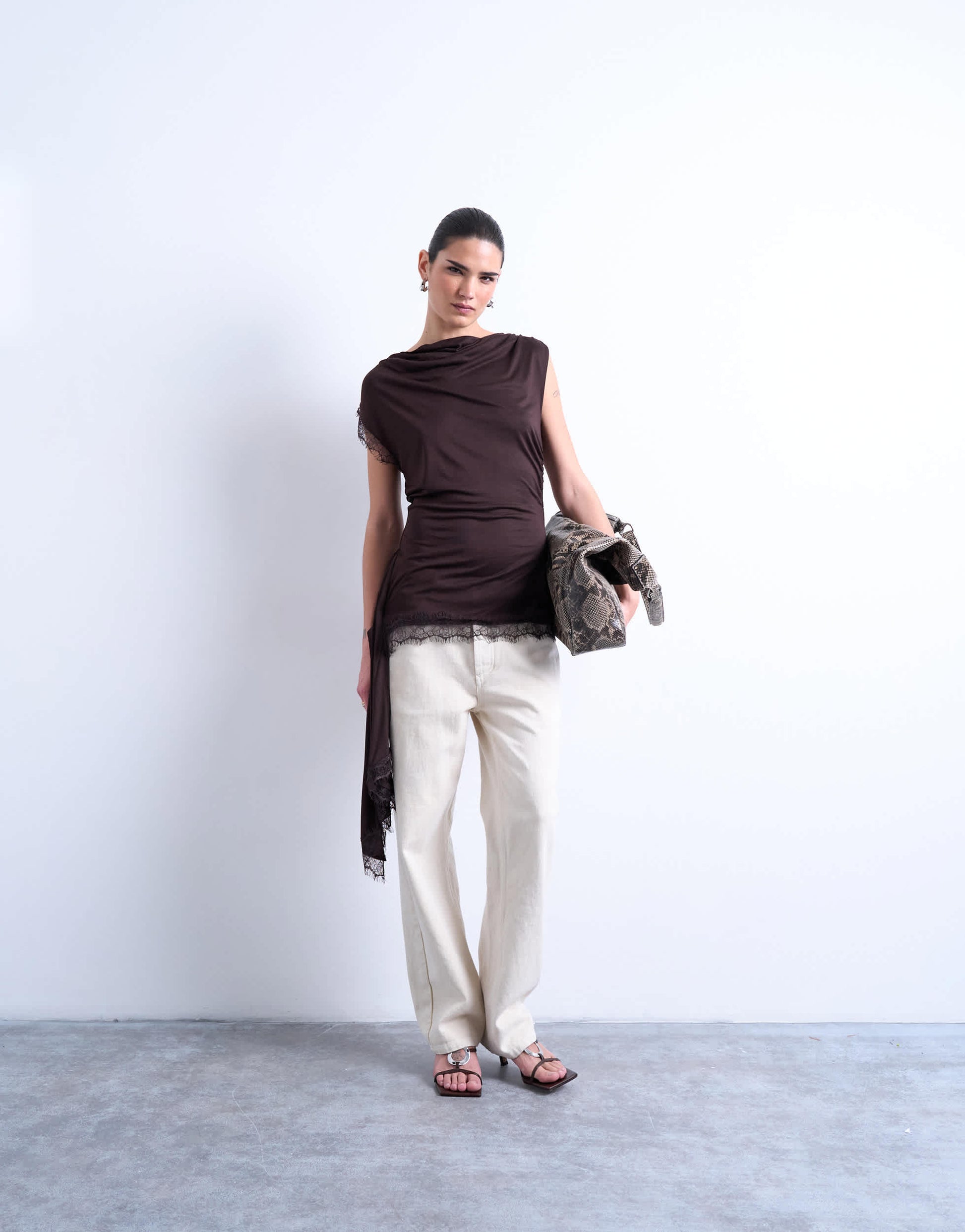 Topshop cowl neck lace trim top in chocolate
