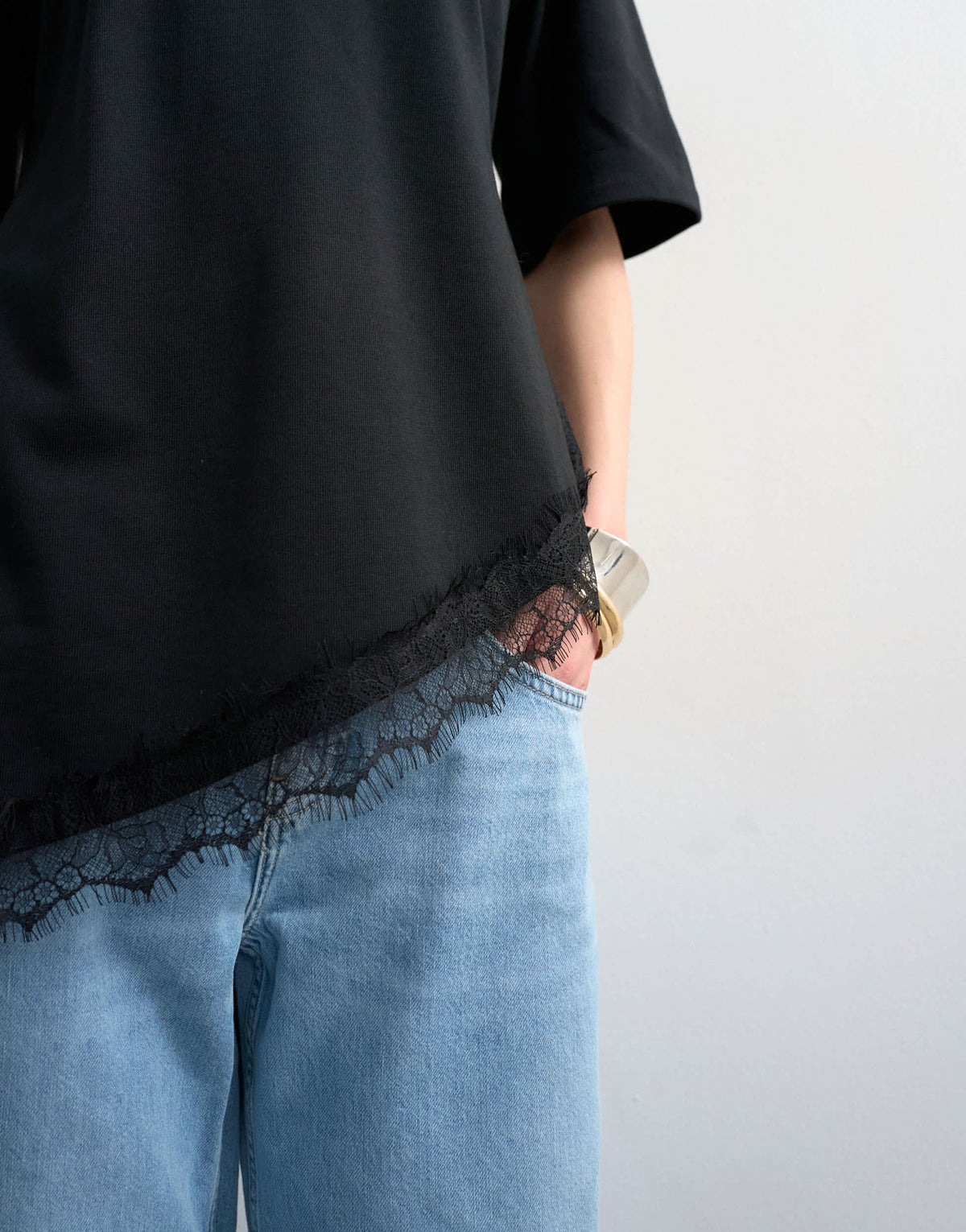 Topshop waisted lace trim tee in black