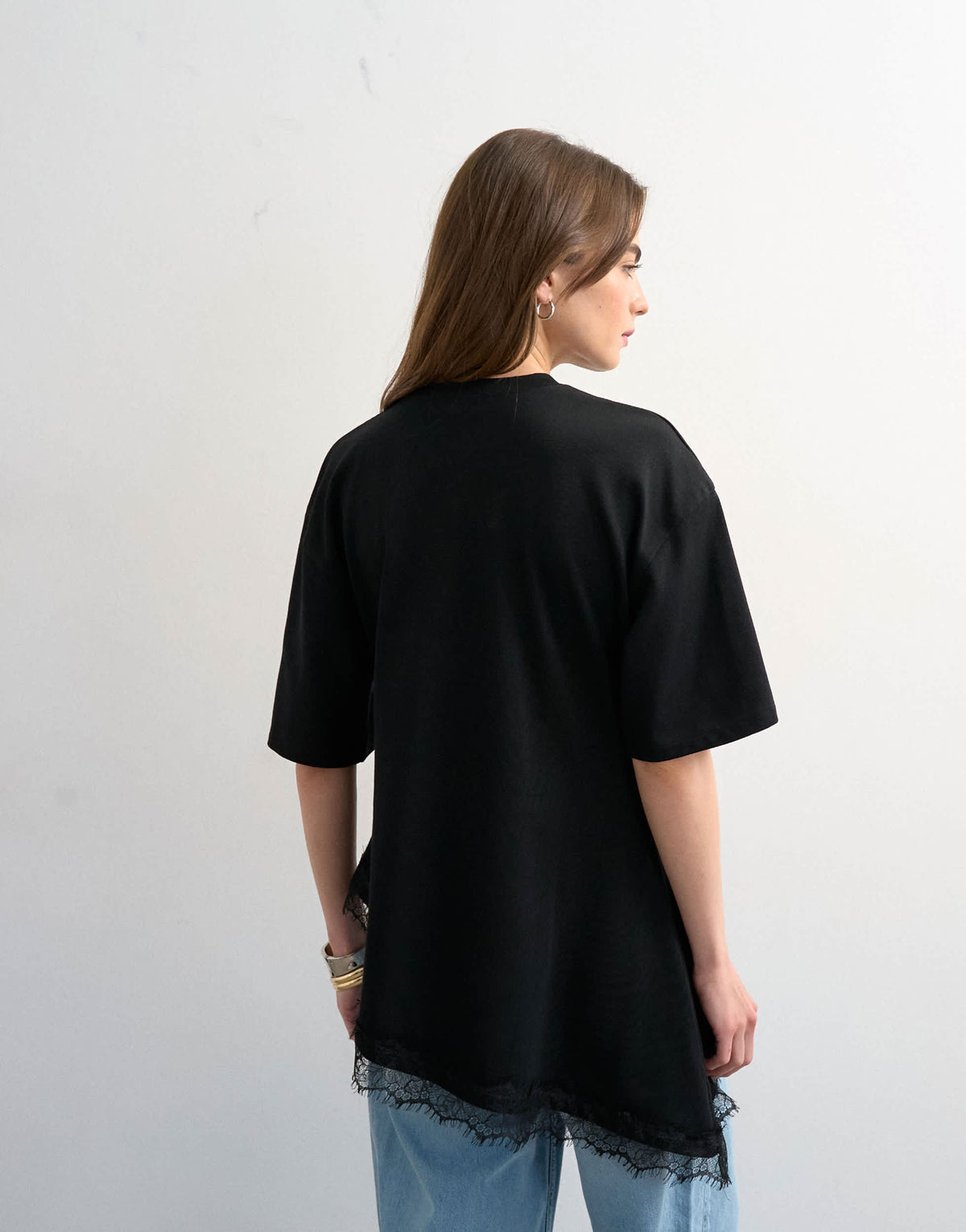 Topshop waisted lace trim tee in black