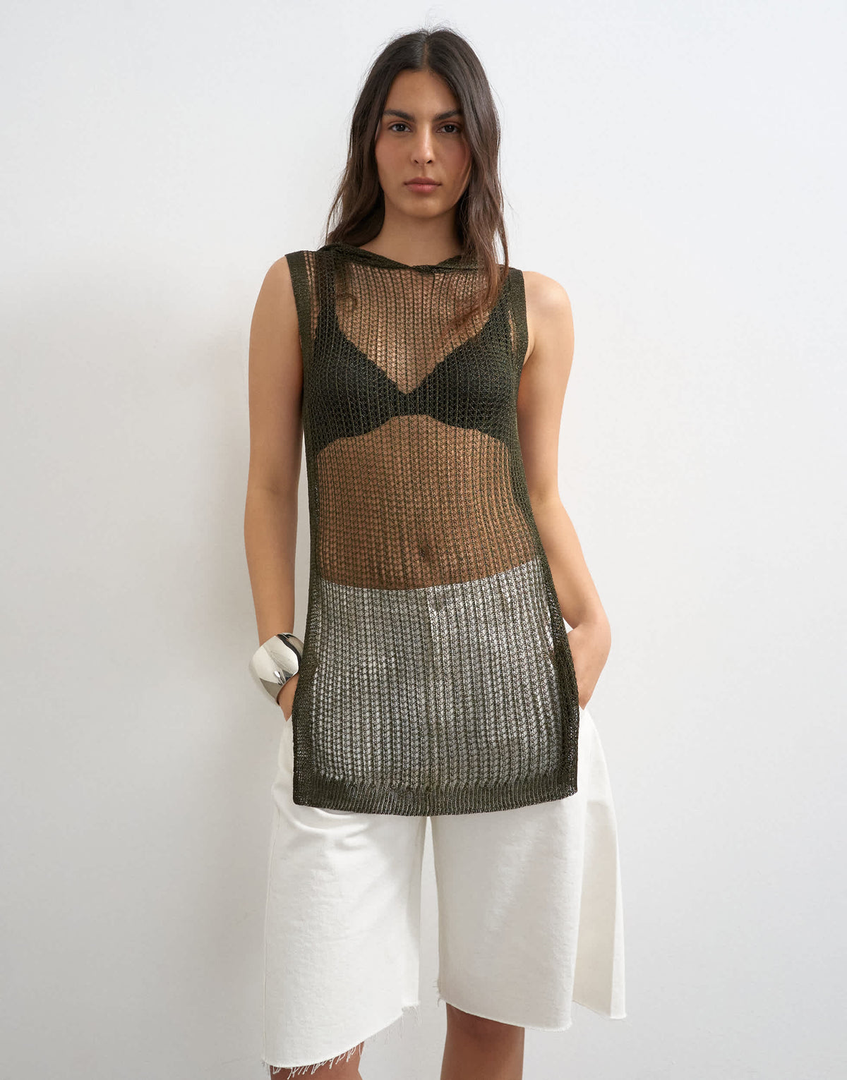 Topshop knitted fine hooded top in metallic khaki 