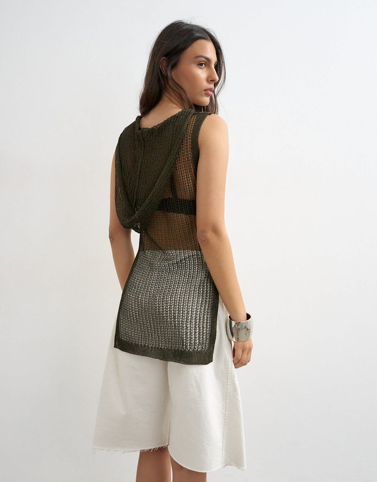 Topshop knitted fine hooded top in metallic khaki 