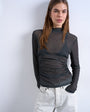 Topshop high neck ruched polka dot print long sleeve top in black