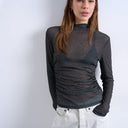 Topshop high neck ruched polka dot print long sleeve top in black