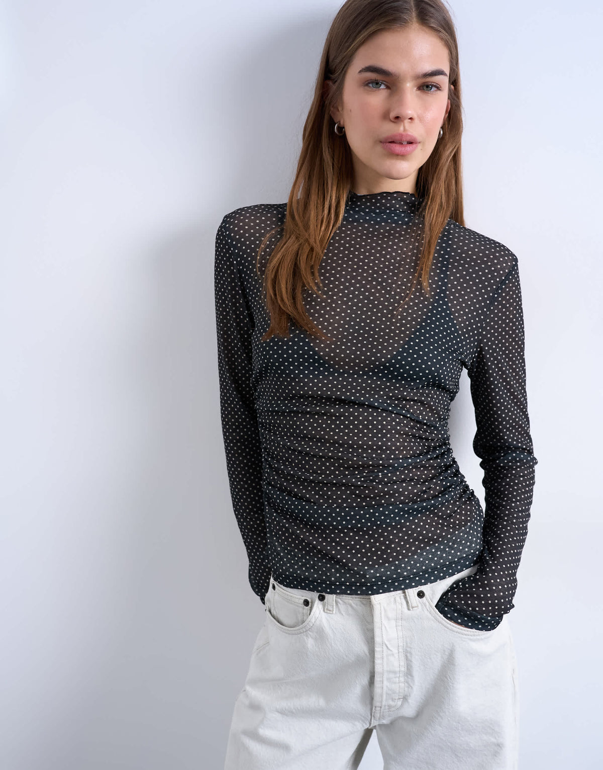 Topshop high neck ruched polka dot print long sleeve top in black