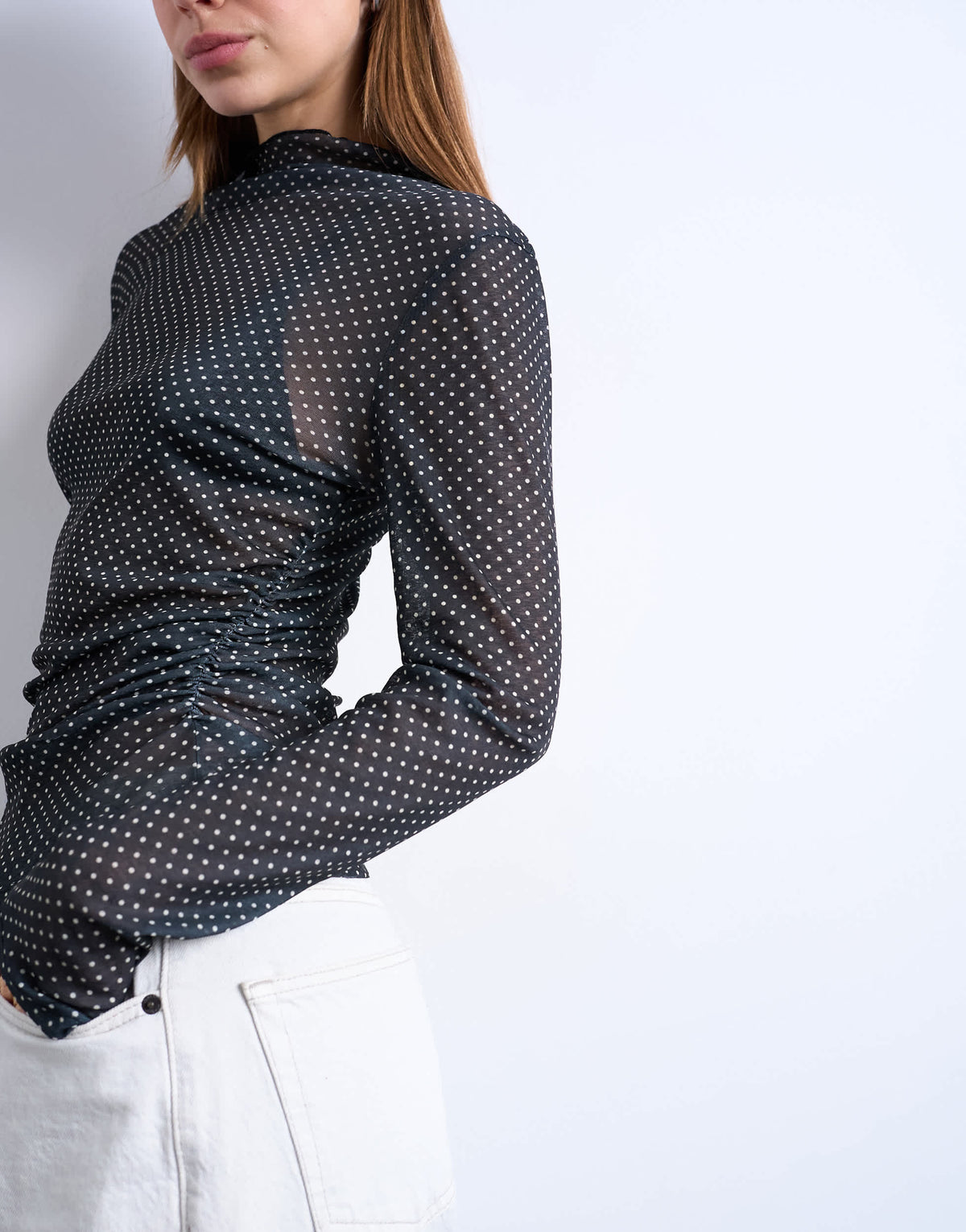 Topshop high neck ruched polka dot print long sleeve top in black
