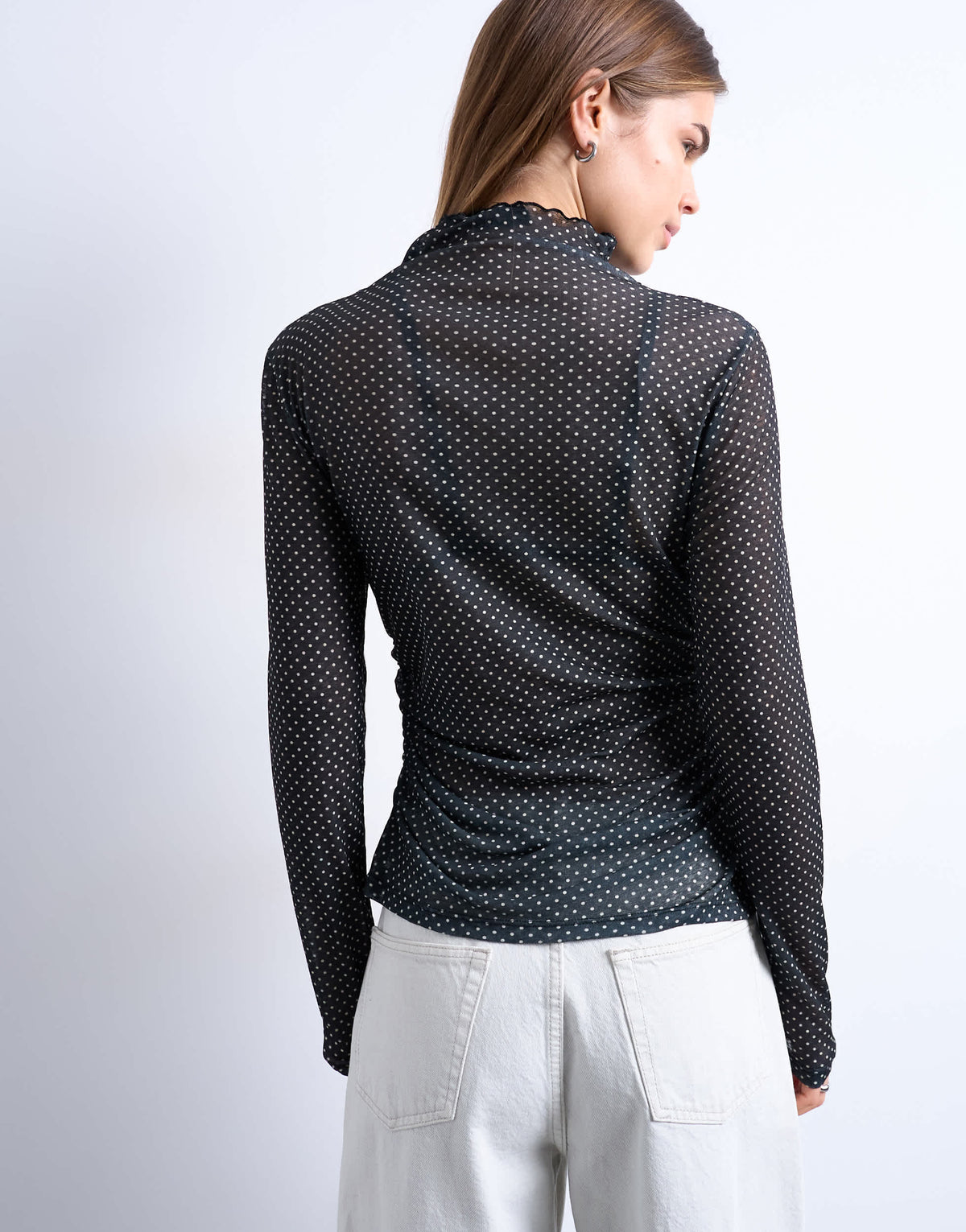 Topshop high neck ruched polka dot print long sleeve top in black
