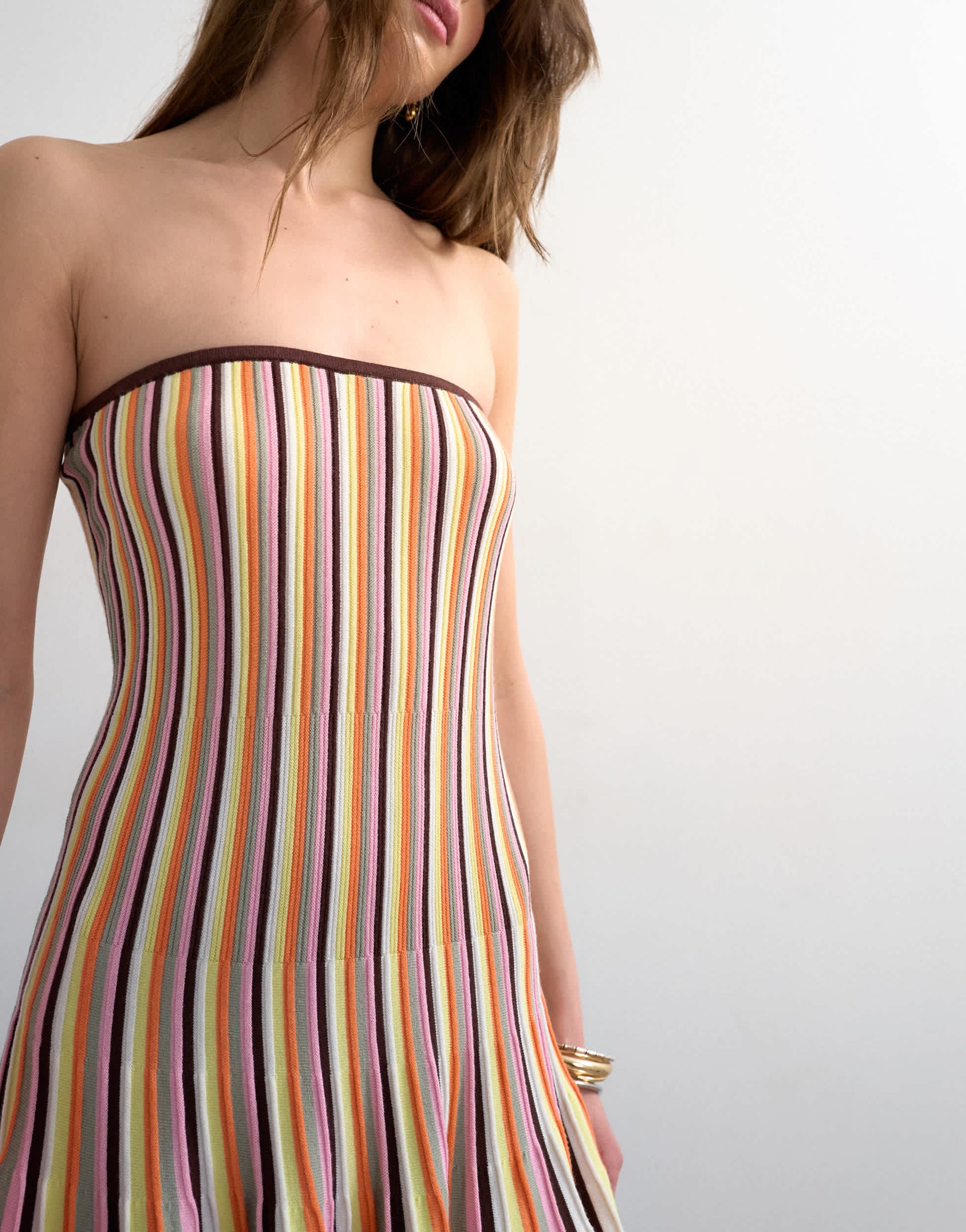Topshop knitted bandeau flippy stripe mini dress in multi colour 
