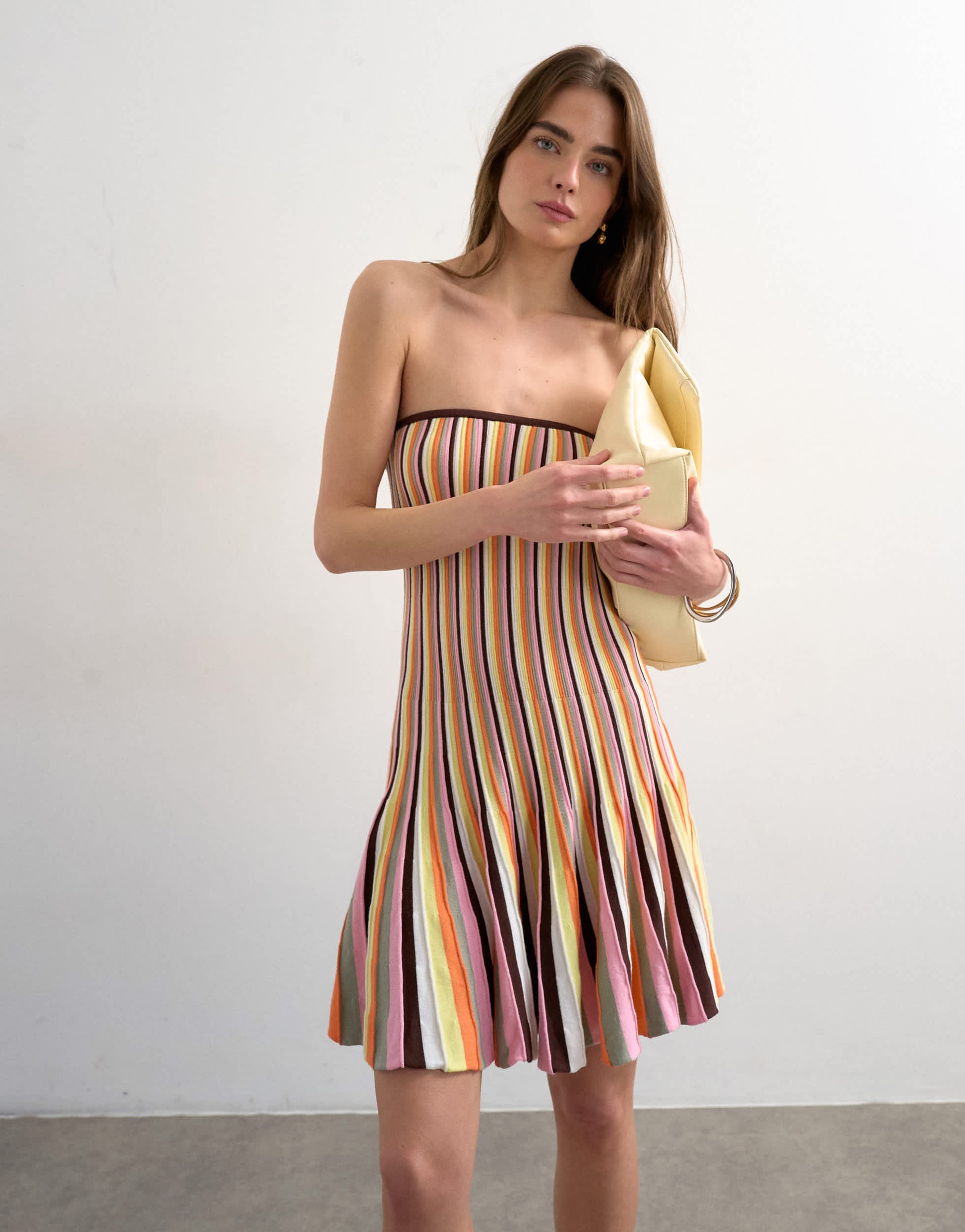 Topshop knitted bandeau flippy stripe mini dress in multi colour 