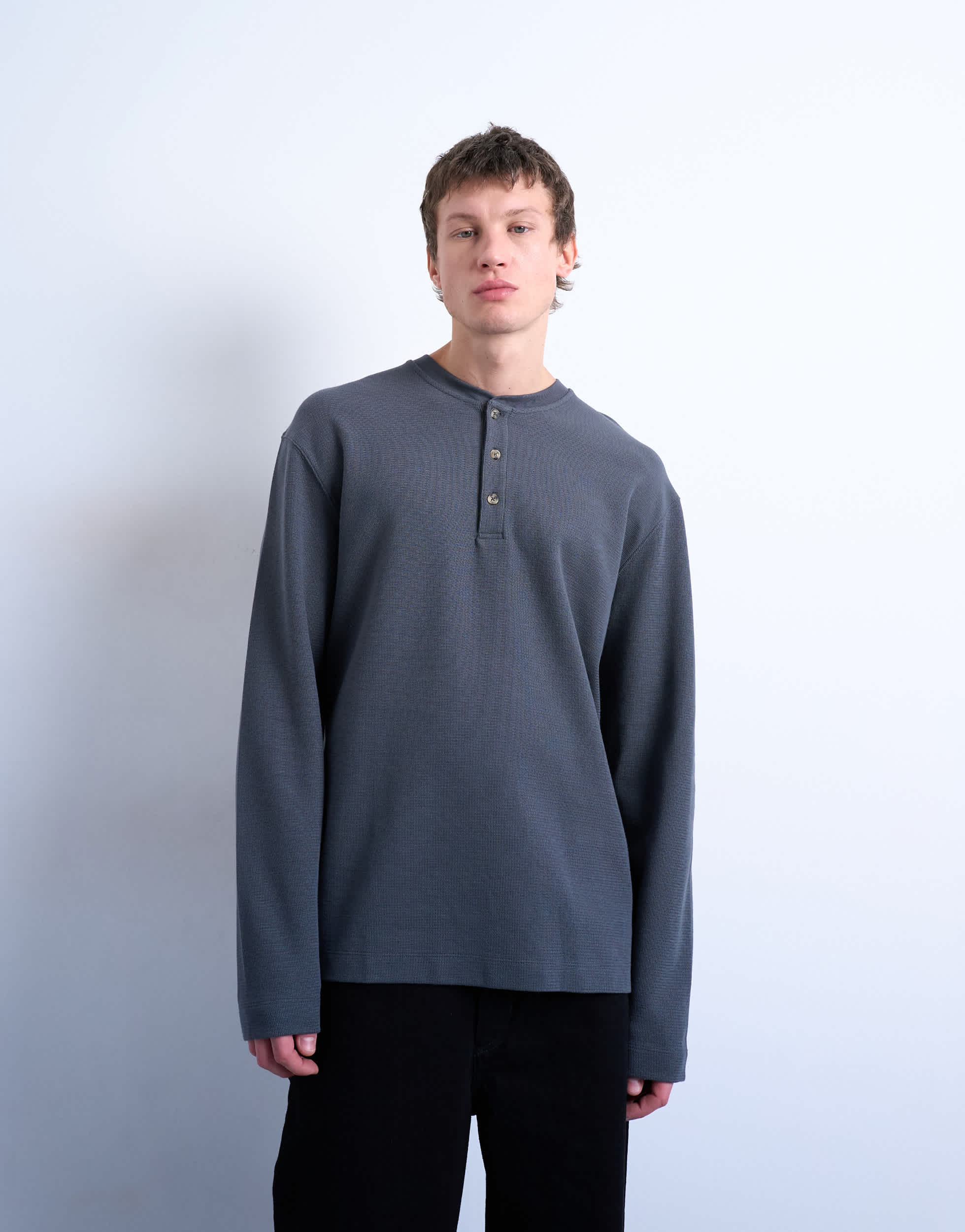 Topman Premium entspannt geschnittenes, schweres Waffel-Henley in Grau