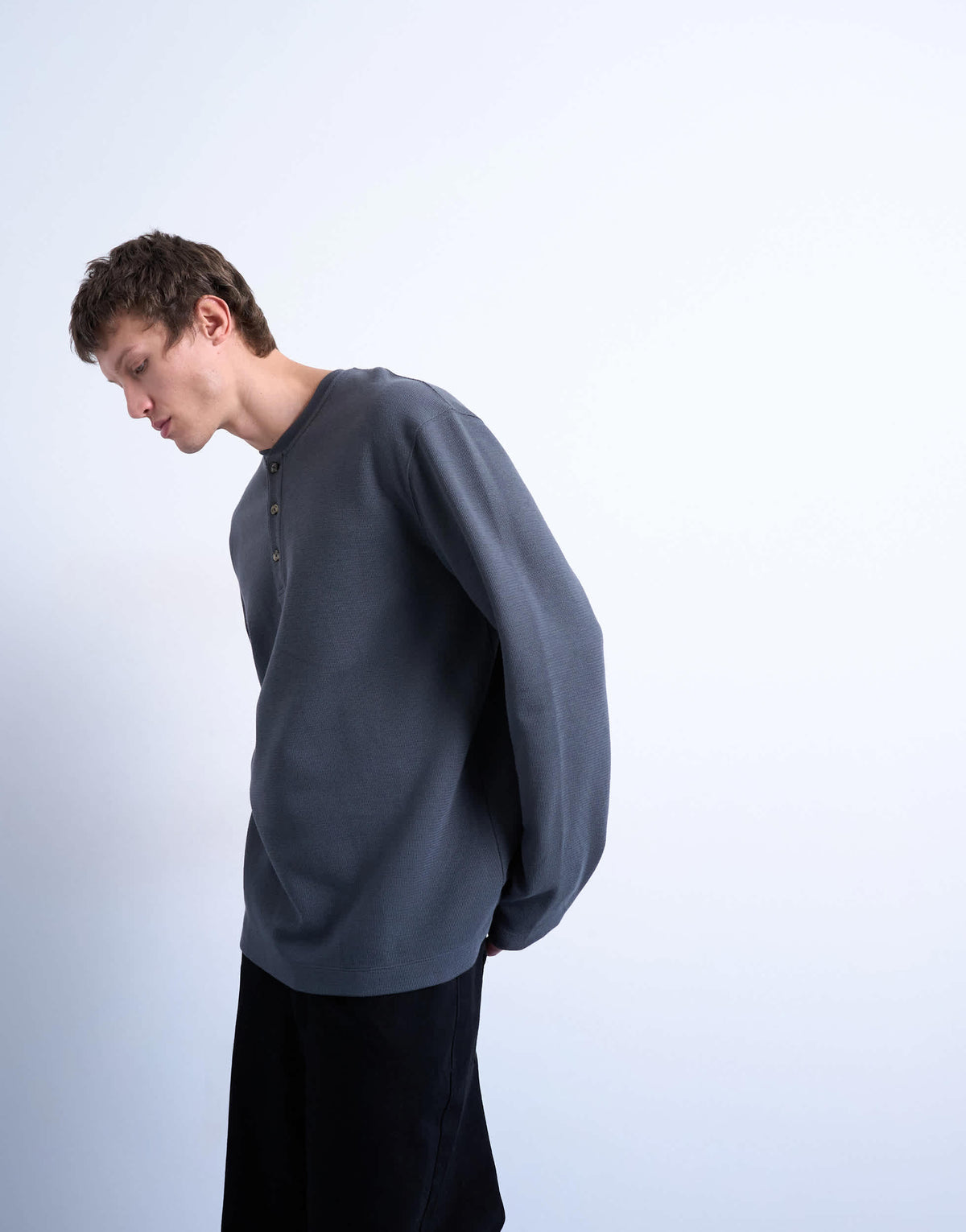 Topman premium relaxed fit heavyweight waffle henley in grey