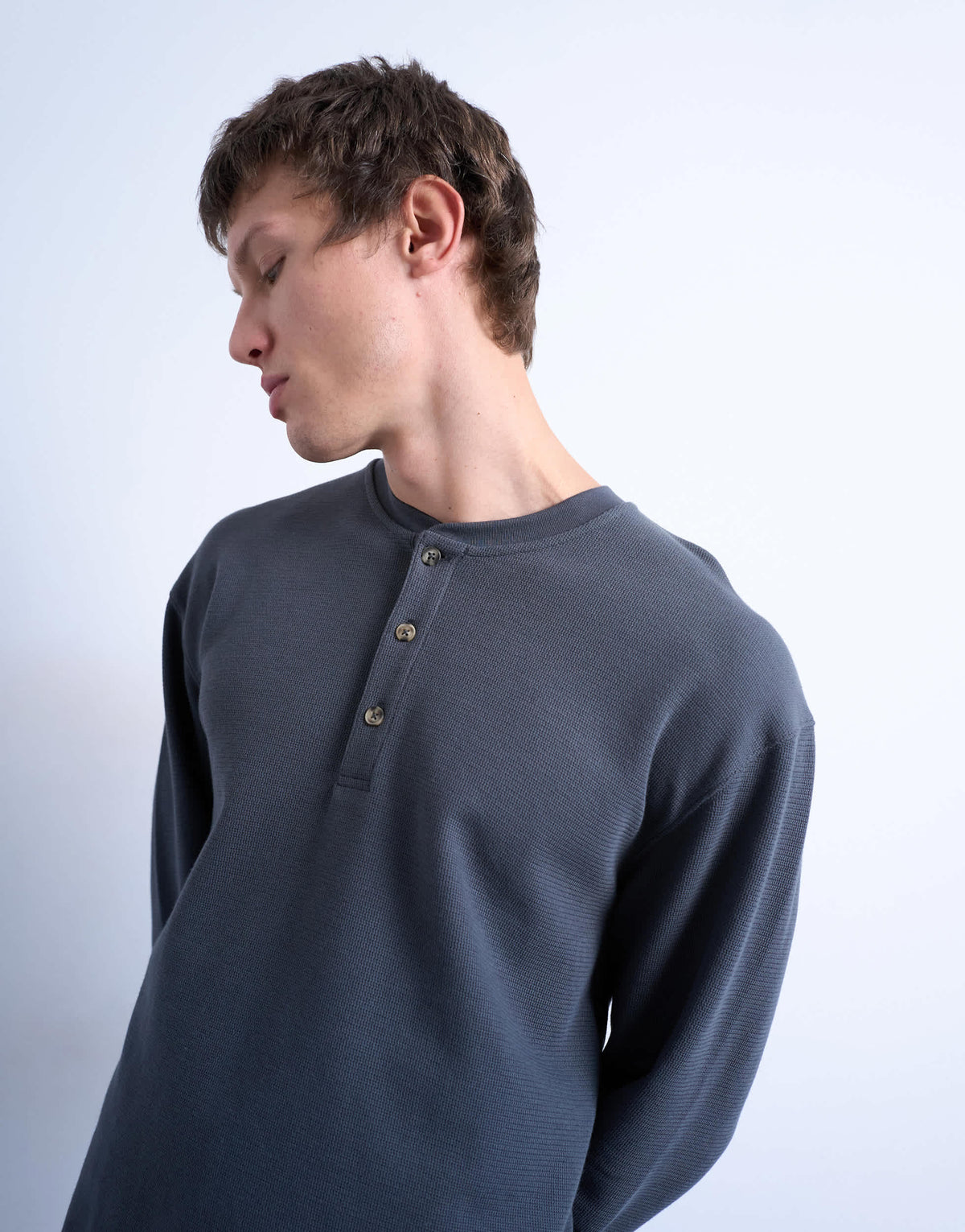 Topman premium relaxed fit heavyweight waffle henley in grey