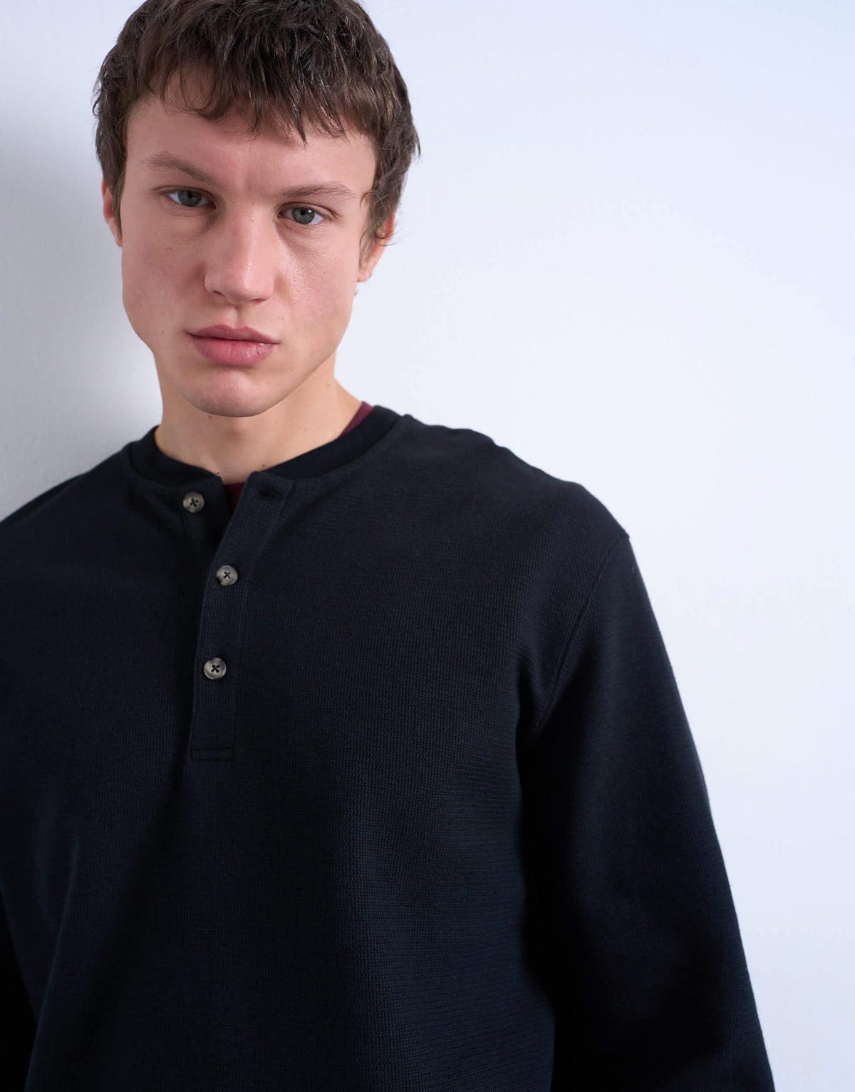 Topman premium relaxed fit heavyweight waffle henley in black