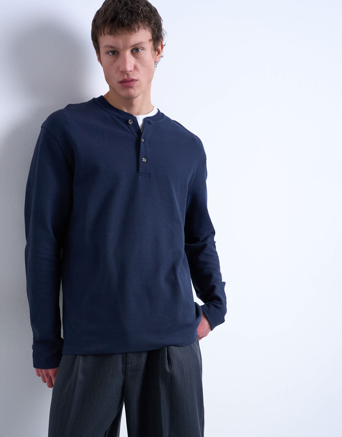 Topman premium relaxed fit heavyweight waffle henley in navy